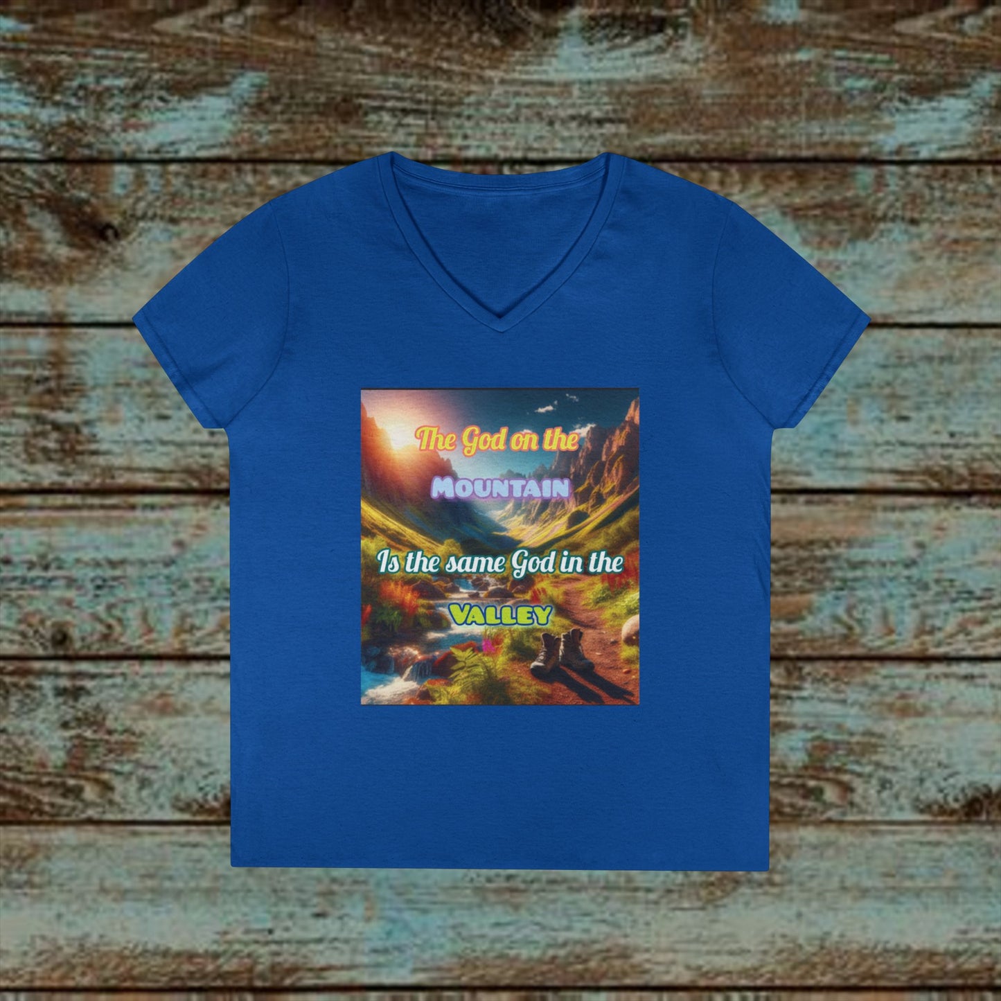 Biblical Ladies' V-Neck T-Shirt - God on the Mountain, Valley Design