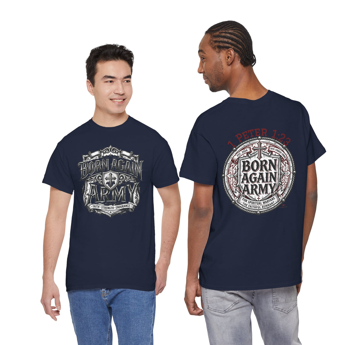 Born Again Army T-Shirt — Christian Faith Graphic Tee (1 Peter 1:23)