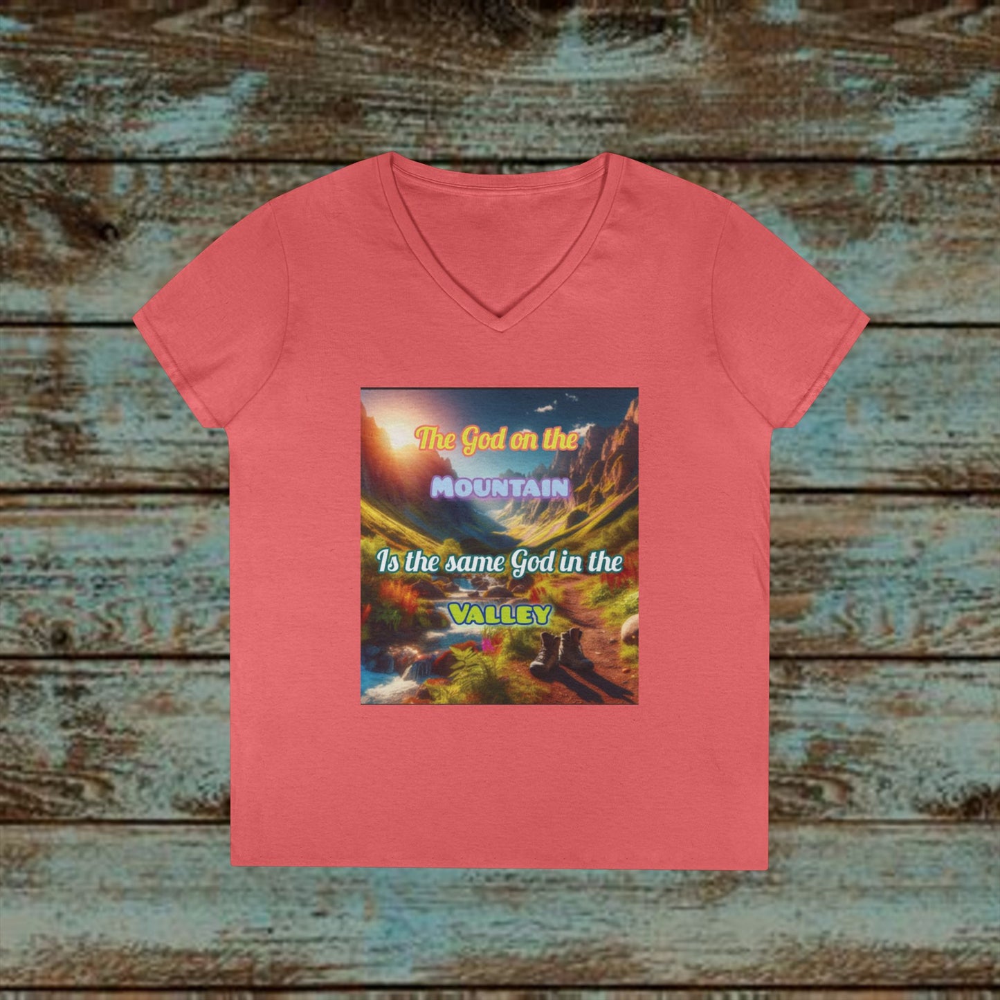 Biblical Ladies' V-Neck T-Shirt - God on the Mountain, Valley Design