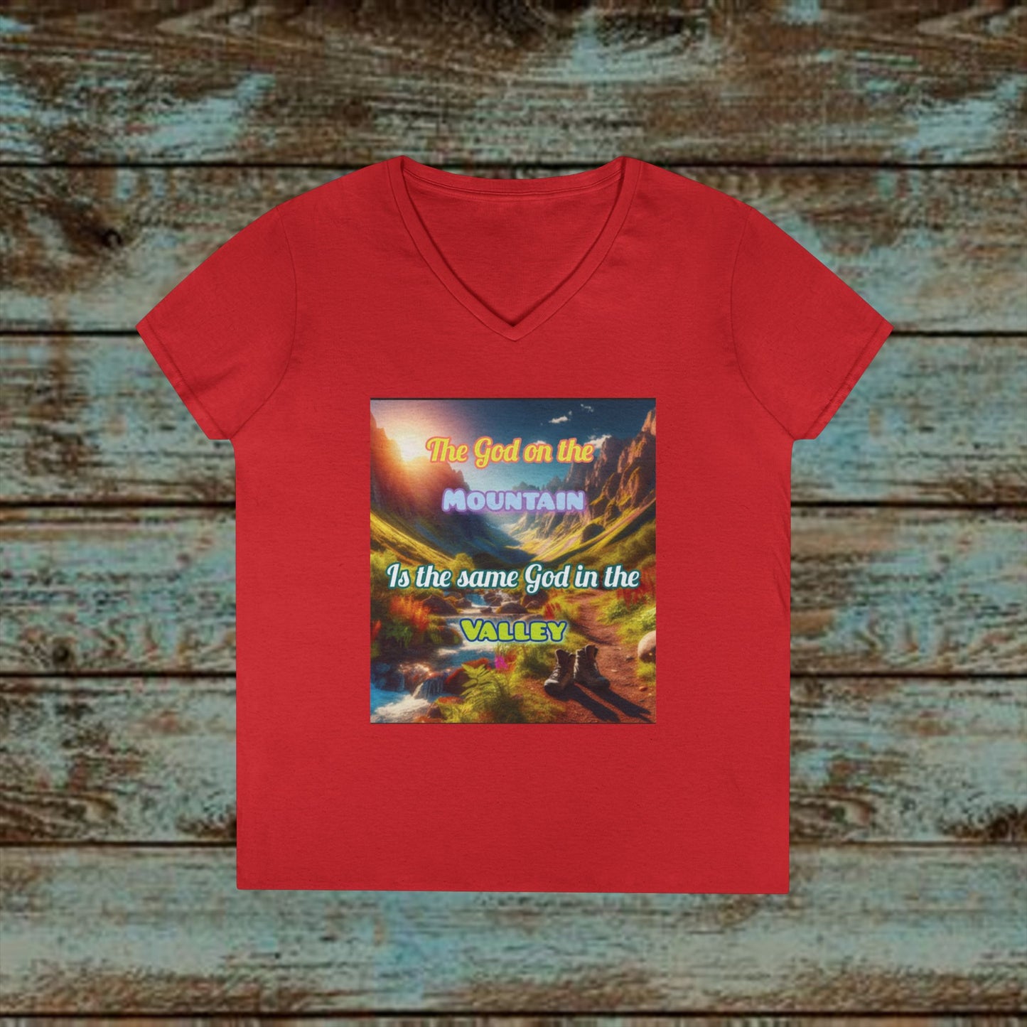 Biblical Ladies' V-Neck T-Shirt - God on the Mountain, Valley Design