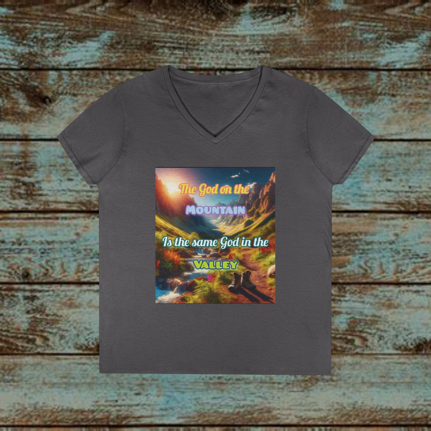 Biblical Ladies' V-Neck T-Shirt - God on the Mountain, Valley Design