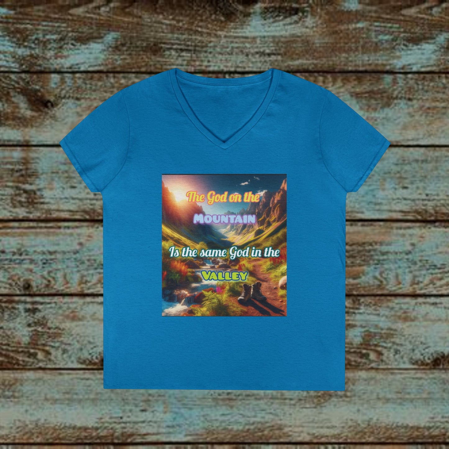 Biblical Ladies' V-Neck T-Shirt - God on the Mountain, Valley Design