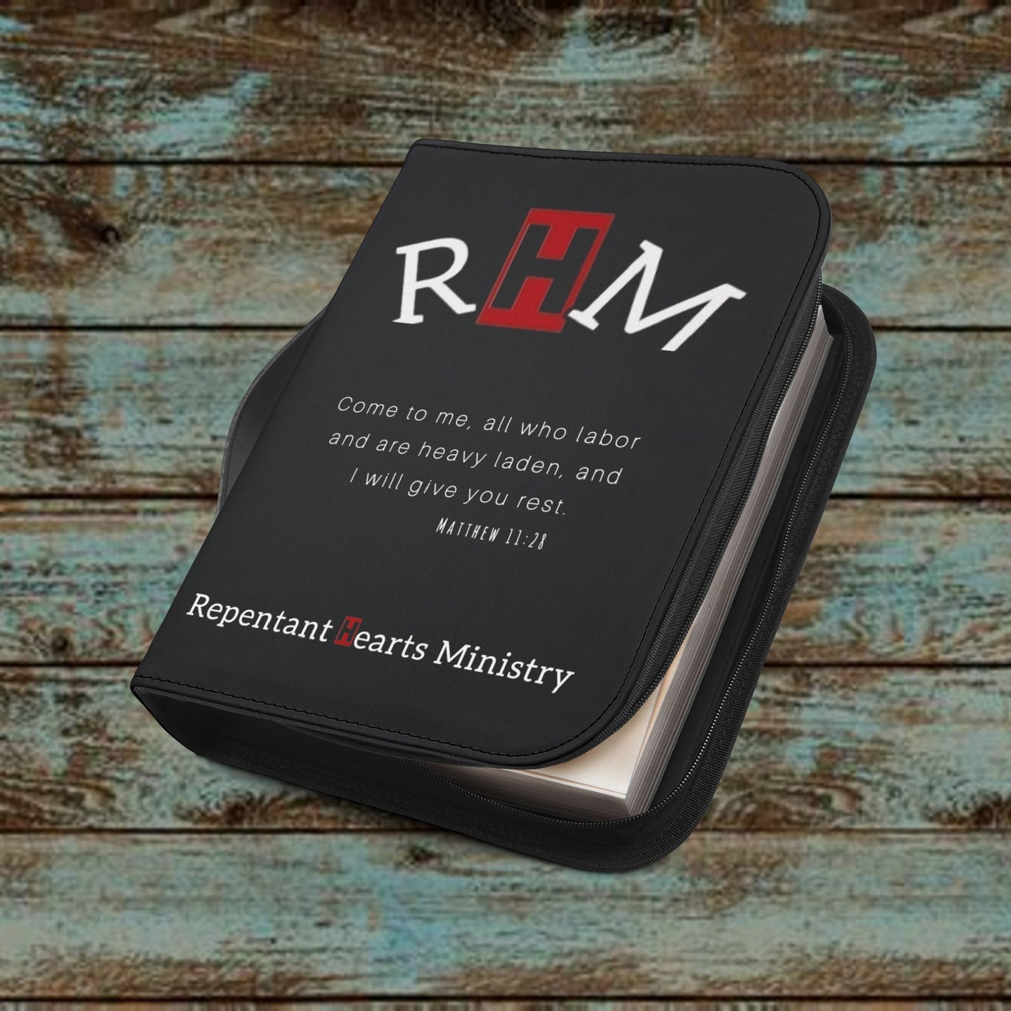 Bible Cover - Repentant Hearts Ministry Zippered Bible Case with RHM Logo & Matthew 11:28 Verse
