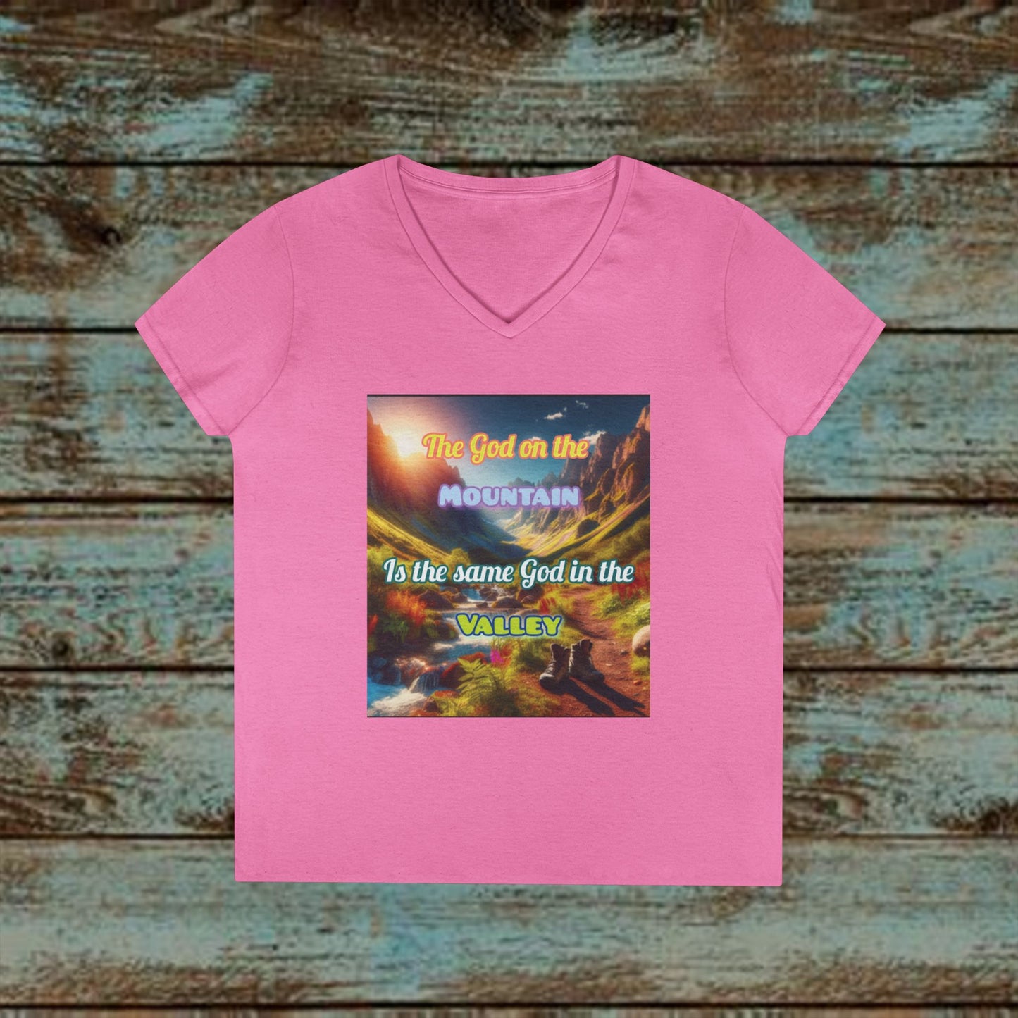 Biblical Ladies' V-Neck T-Shirt - God on the Mountain, Valley Design