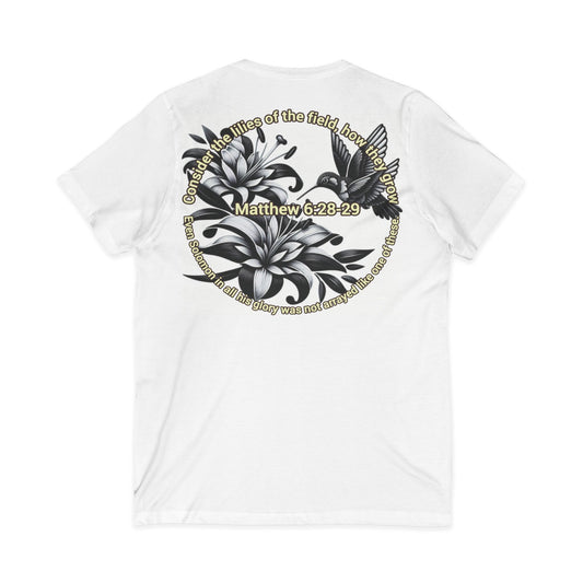 Biblical Women's V-Neck Tee - 'Lilies, Matthew 6:28-29' Graphic Tee