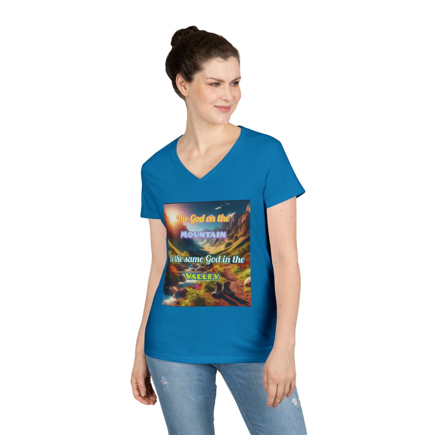 Biblical Ladies' V-Neck T-Shirt - God on the Mountain, Valley Design