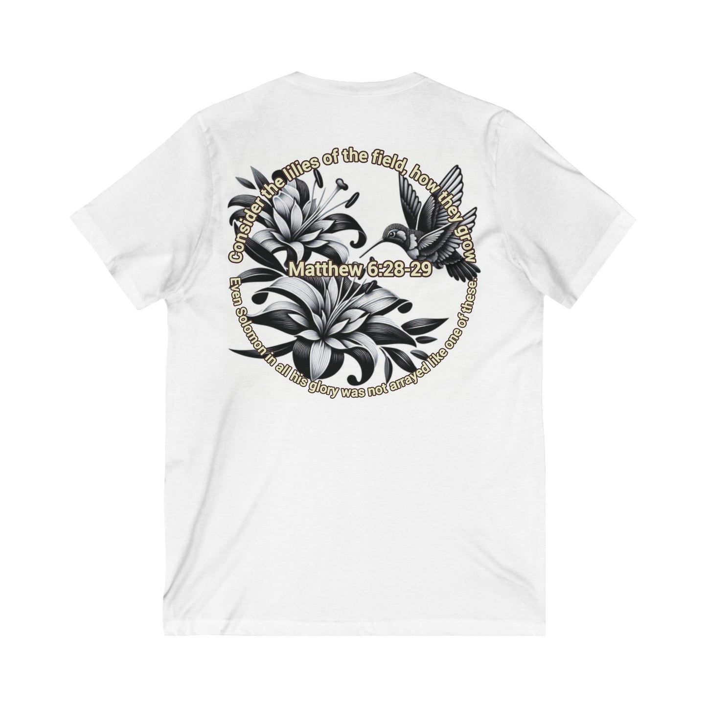 Biblical Women's V-Neck Tee - 'Lilies, Matthew 6:28-29' Graphic Tee