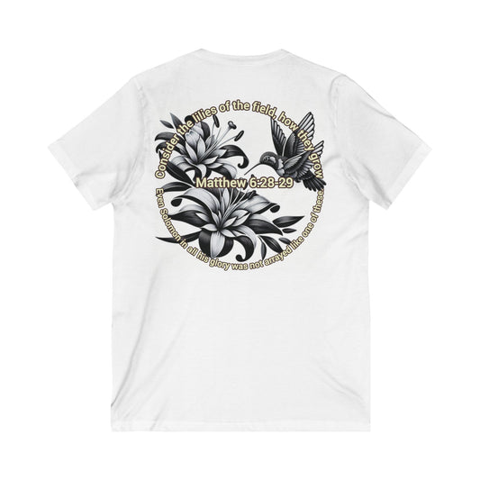 Biblical Women's V-Neck Tee - 'Lilies, Matthew 6:28-29' Graphic Tee