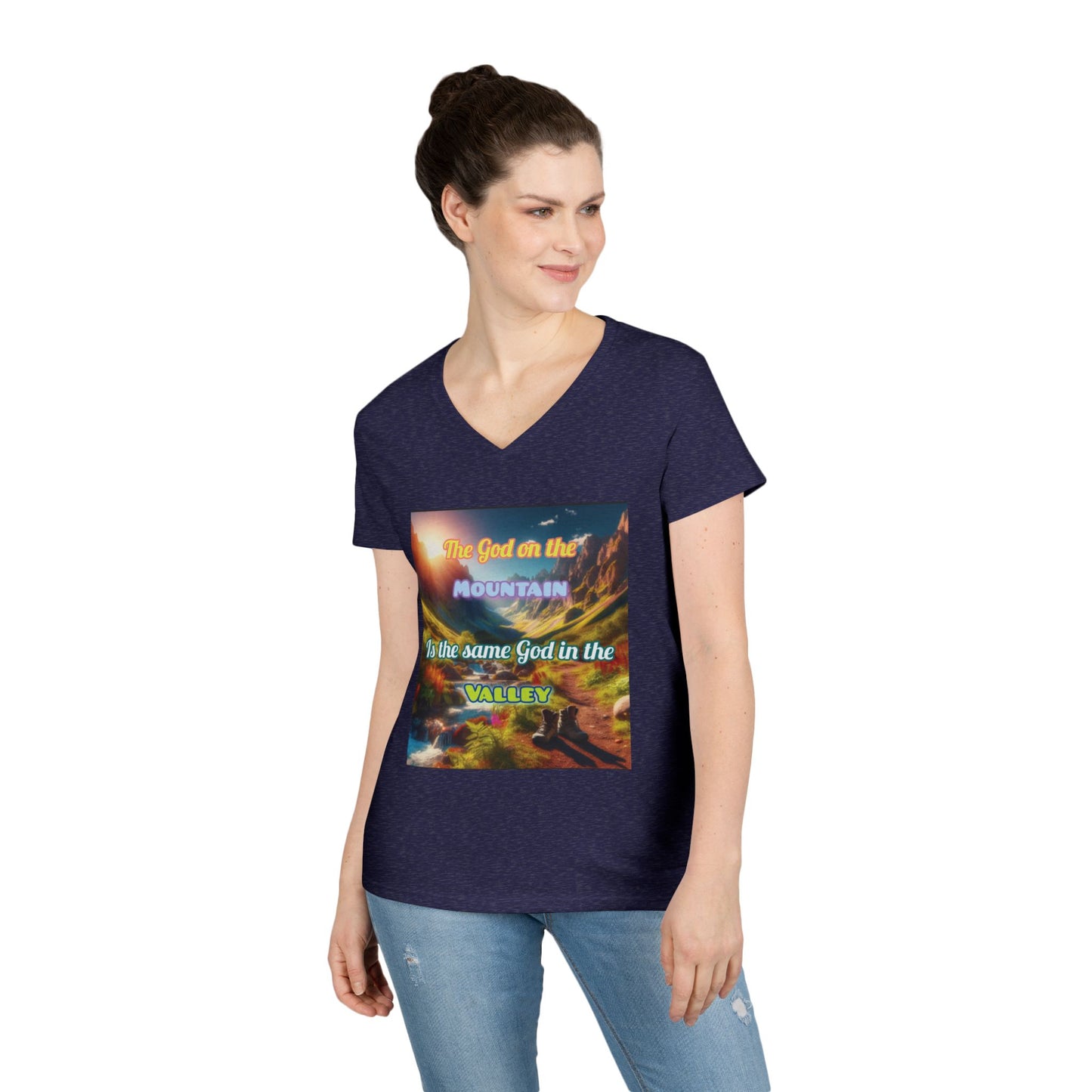 Biblical Ladies' V-Neck T-Shirt - God on the Mountain, Valley Design
