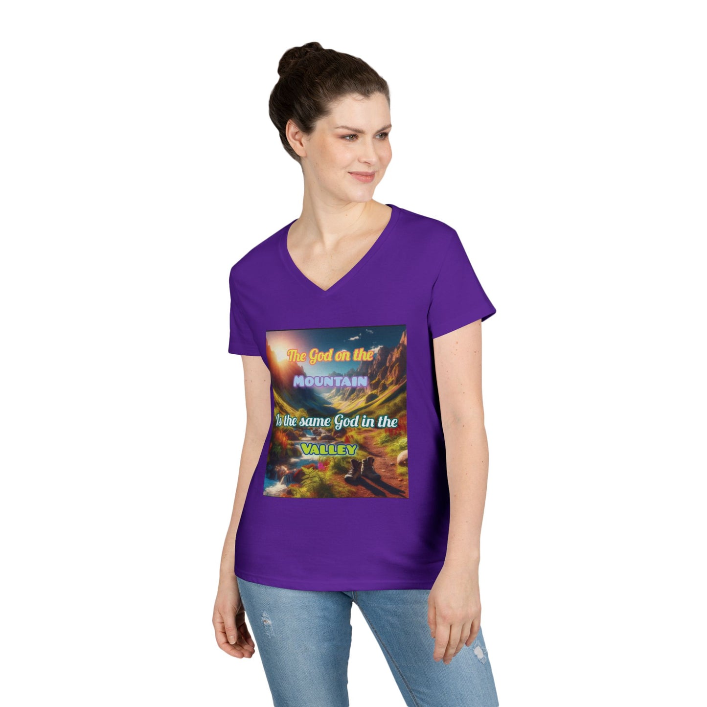 Biblical Ladies' V-Neck T-Shirt - God on the Mountain, Valley Design