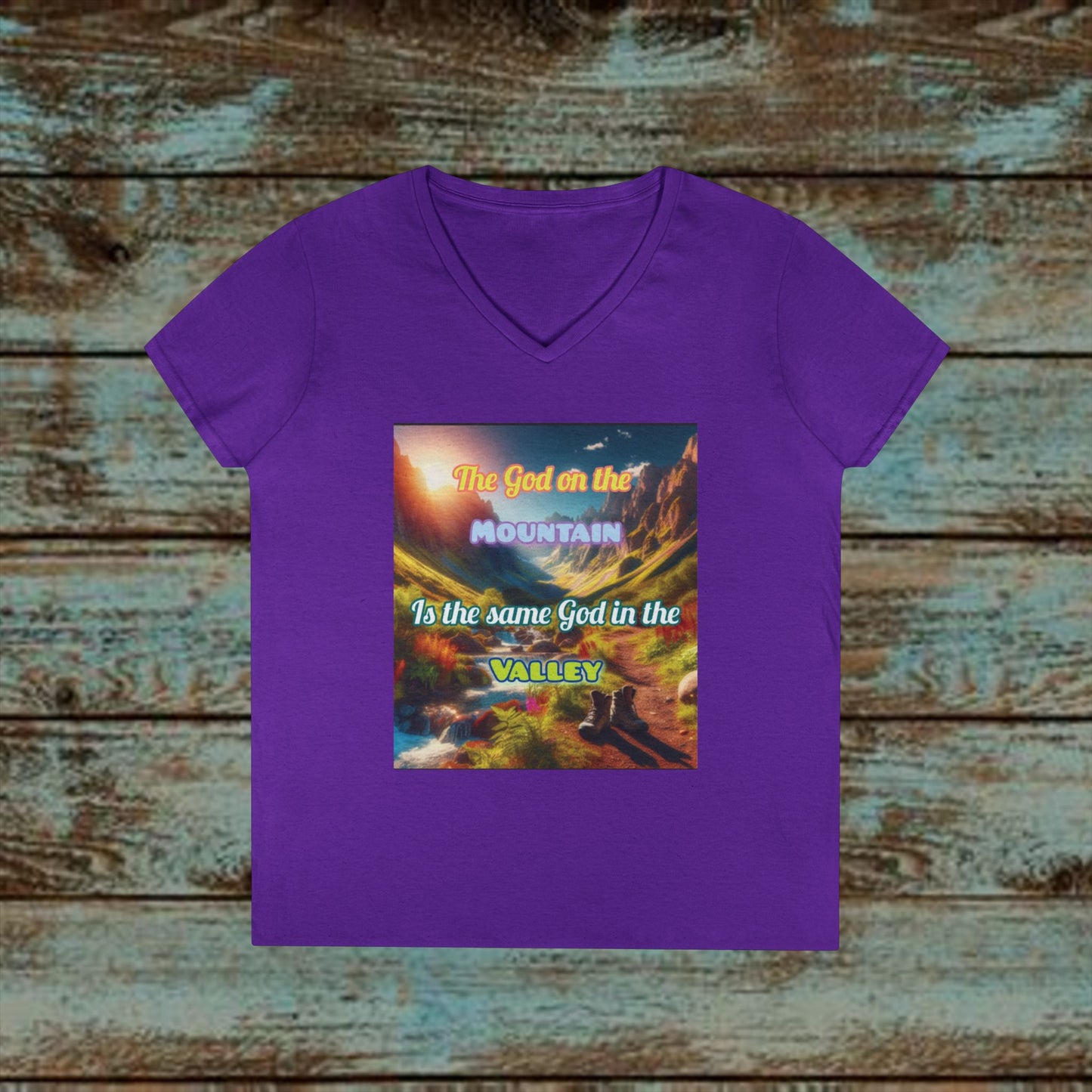 Biblical Ladies' V-Neck T-Shirt - God on the Mountain, Valley Design