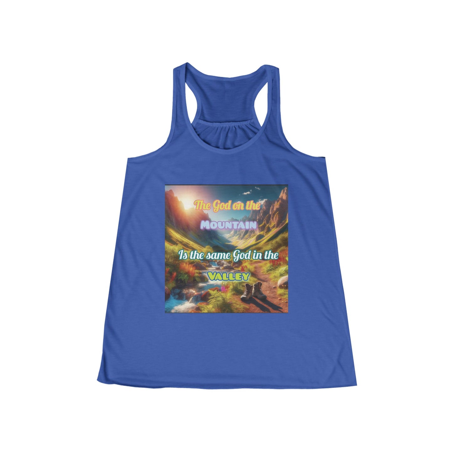 Biblical Ladies Flowy Racerback Tank - 'God on the Mountain and Valley'