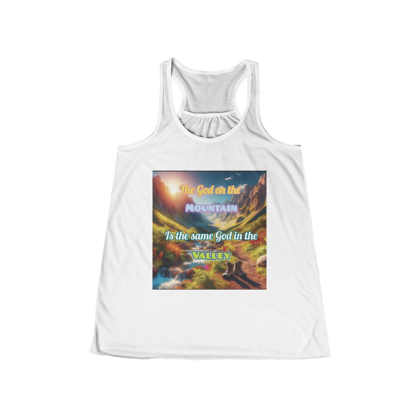 Biblical Ladies Flowy Racerback Tank - 'God on the Mountain and Valley'