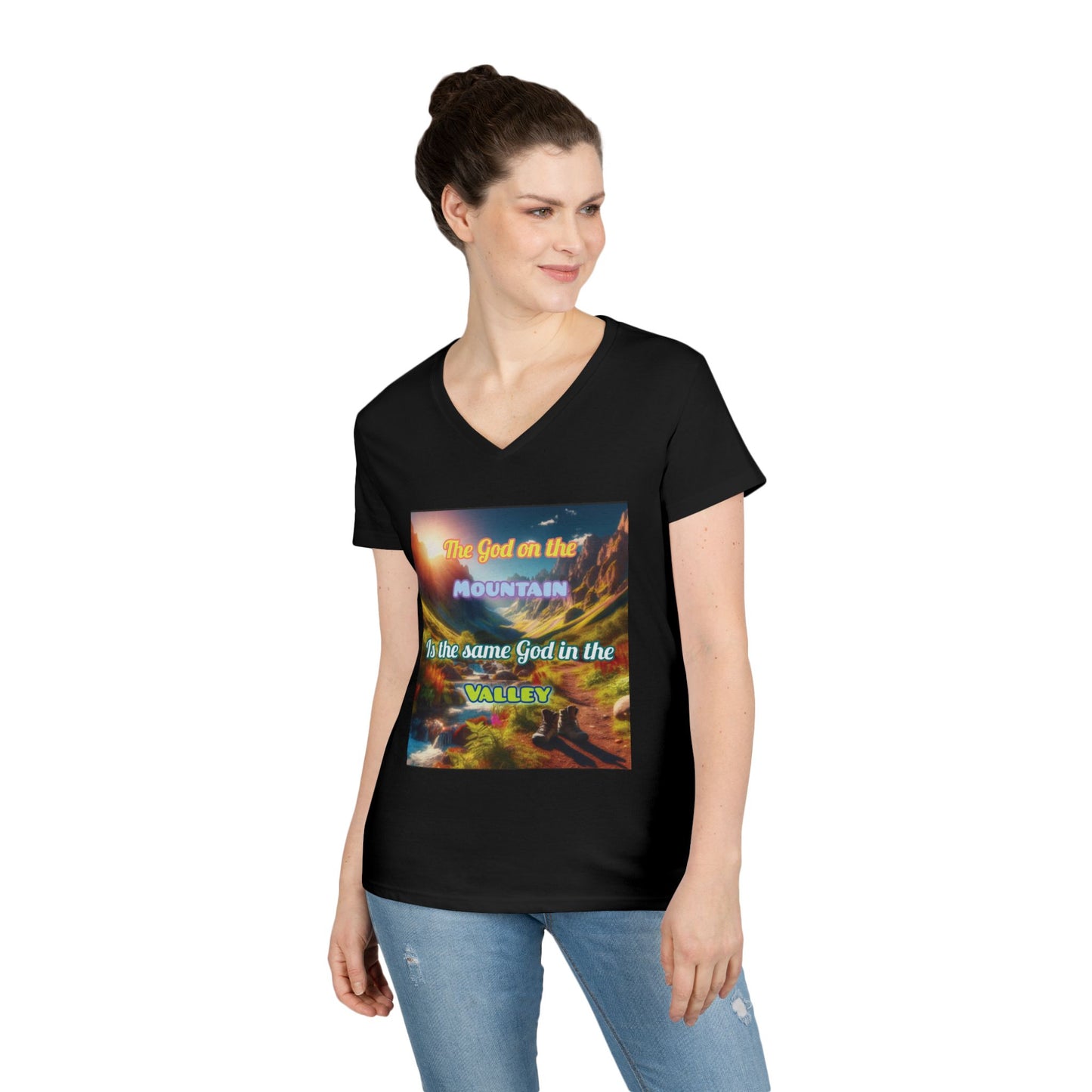 Biblical Ladies' V-Neck T-Shirt - God on the Mountain, Valley Design