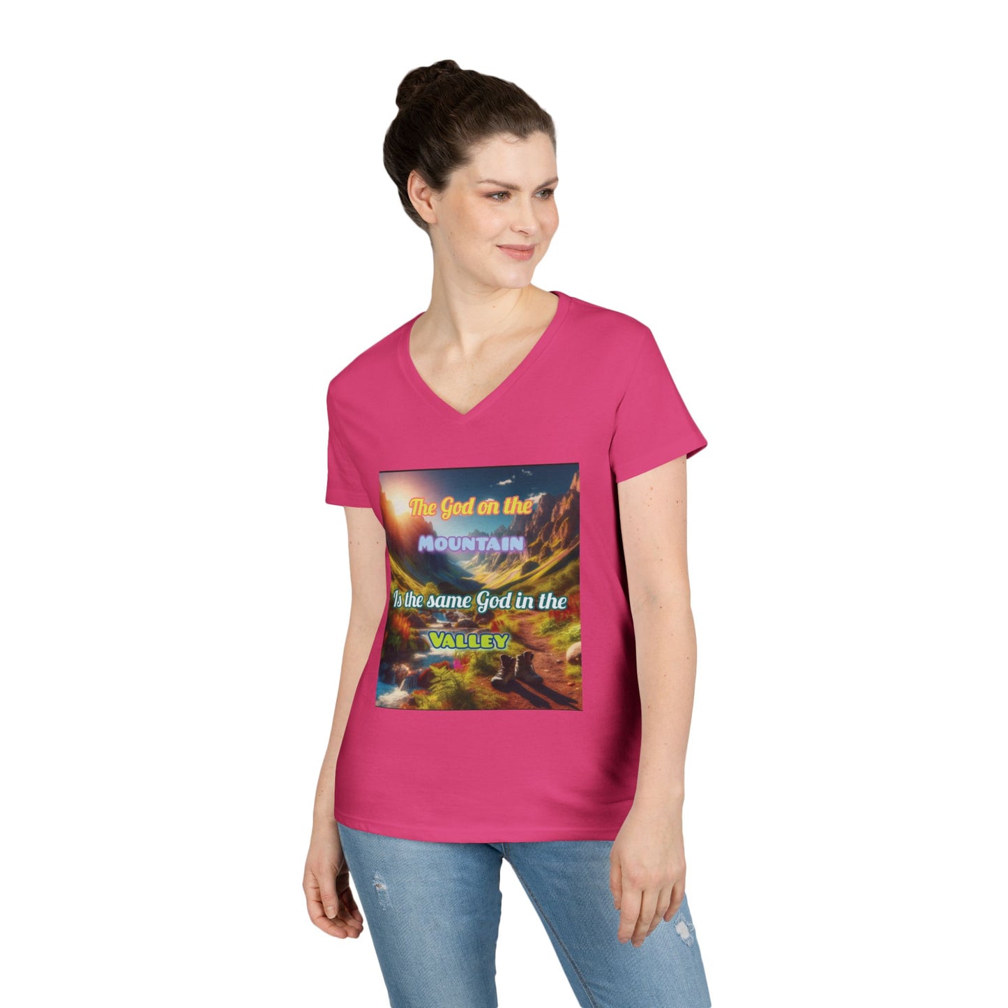 Biblical Ladies' V-Neck T-Shirt - God on the Mountain, Valley Design