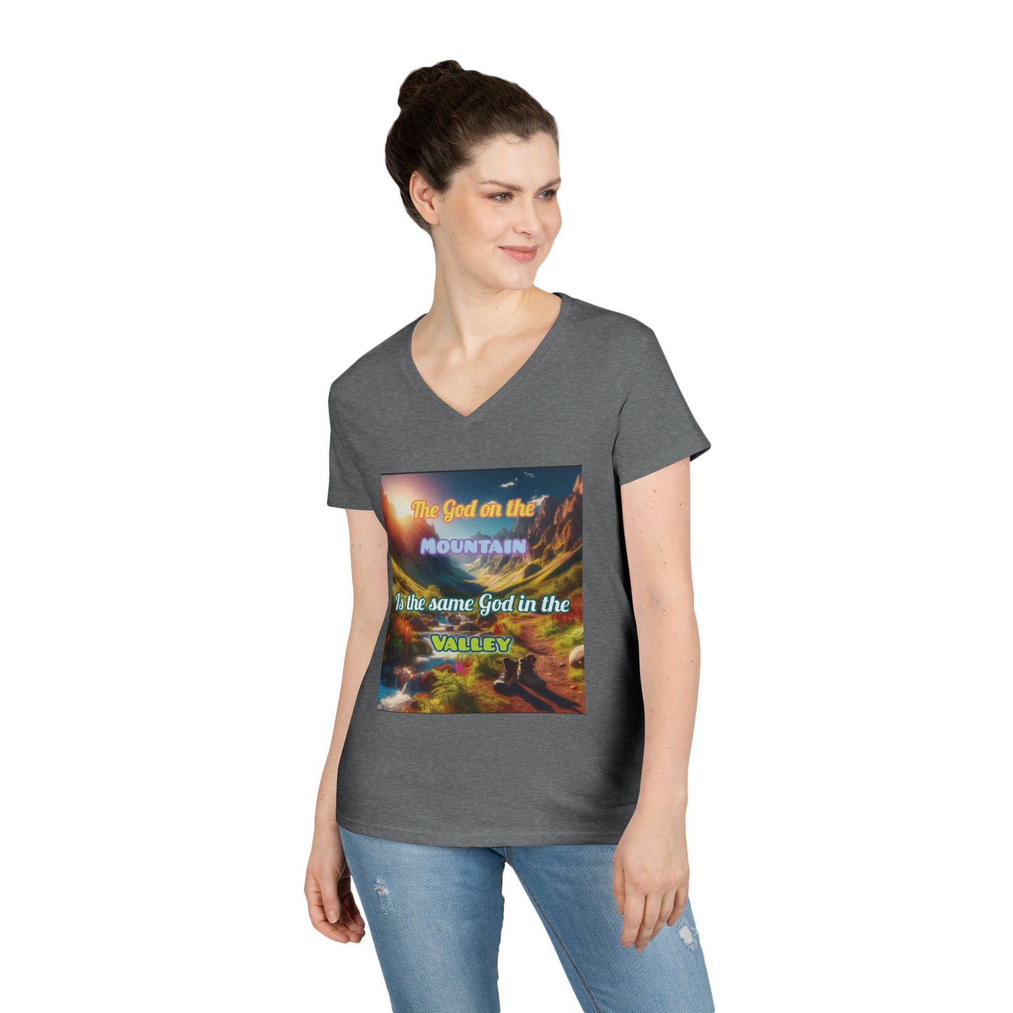 Biblical Ladies' V-Neck T-Shirt - God on the Mountain, Valley Design