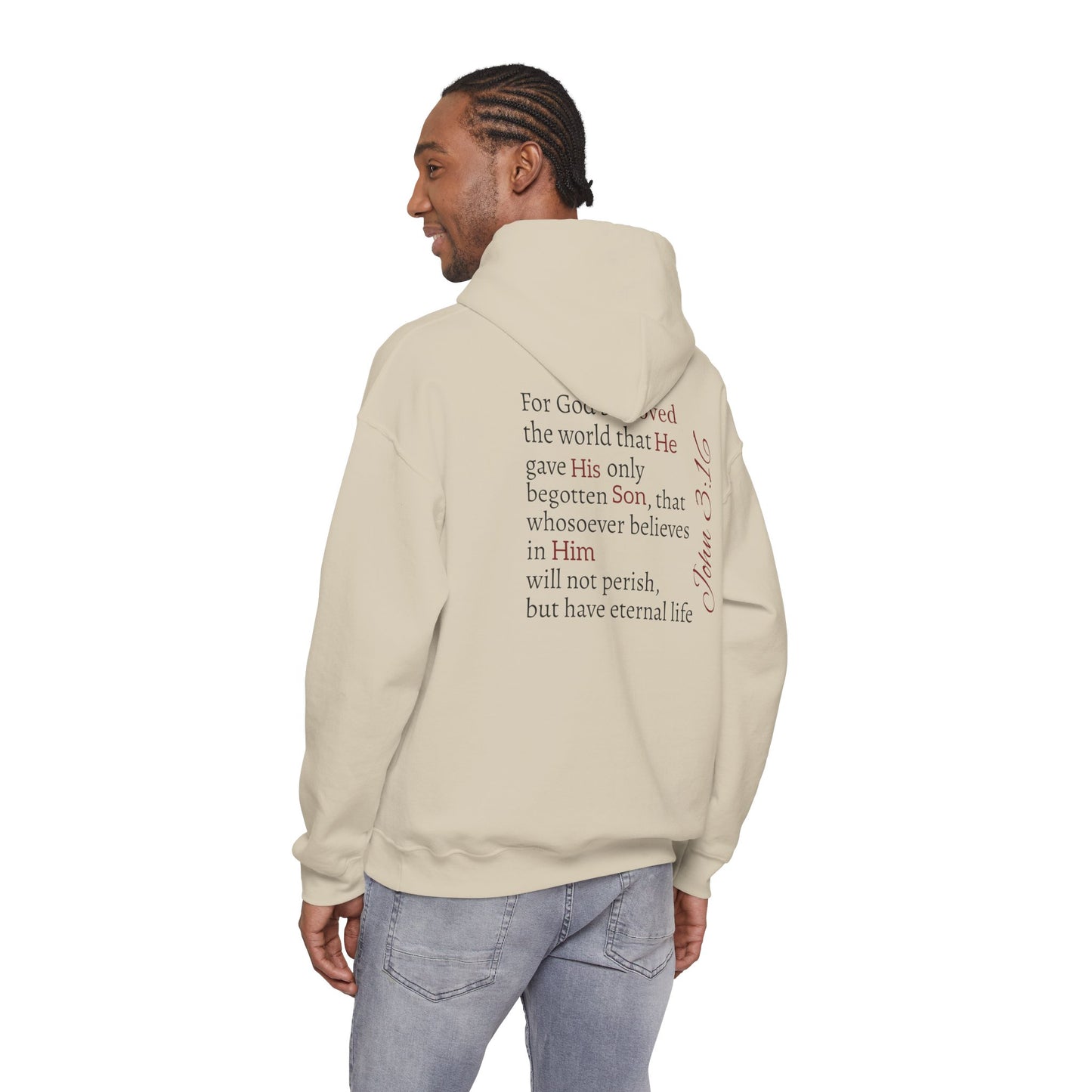 Redemption John 3:16 Hoodie — RHM Pullover with Scripture Back Print
