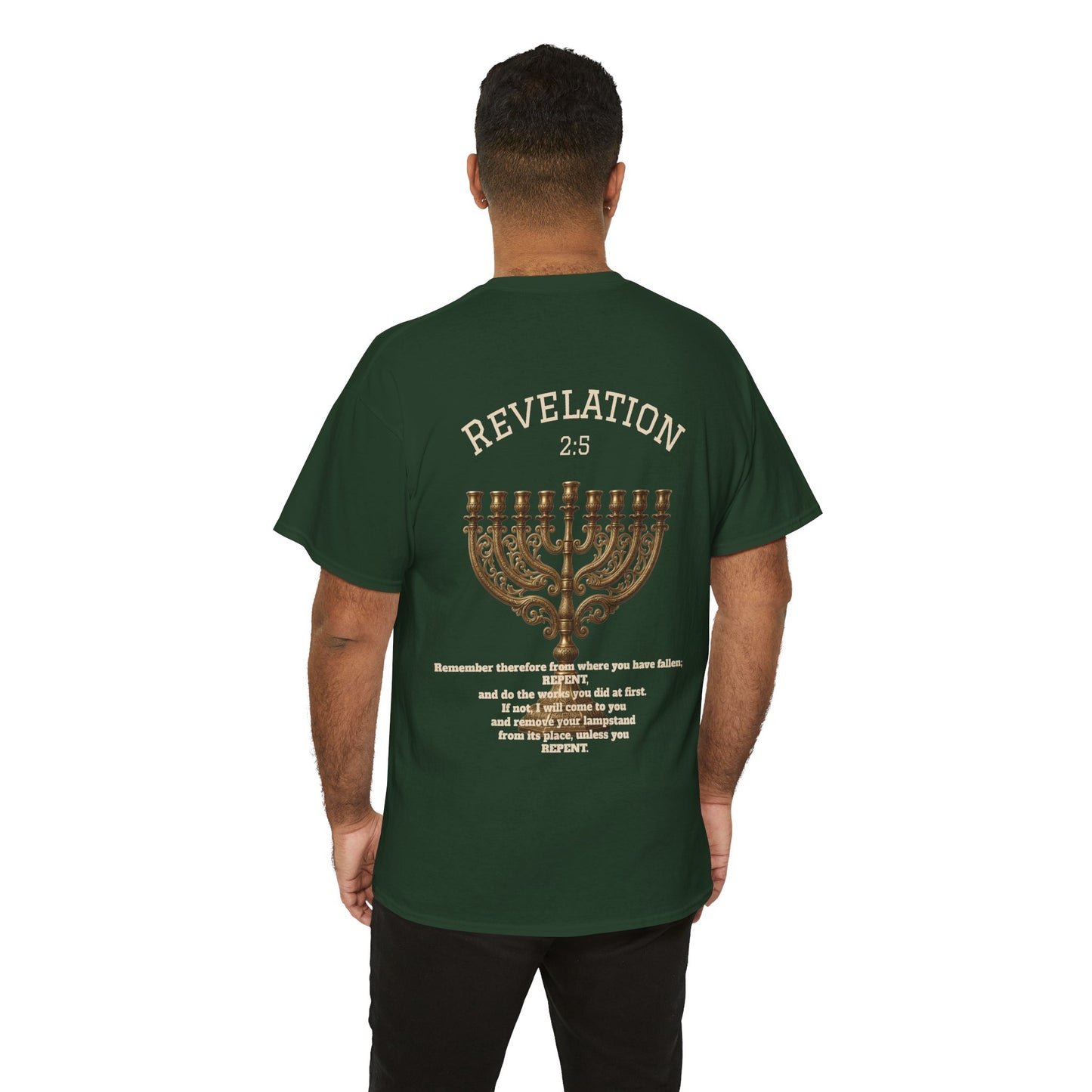 Rev 2:5 T-Shirt- Repentant Hearts Ministry Tee — RHM Logo & Menorah Back Print