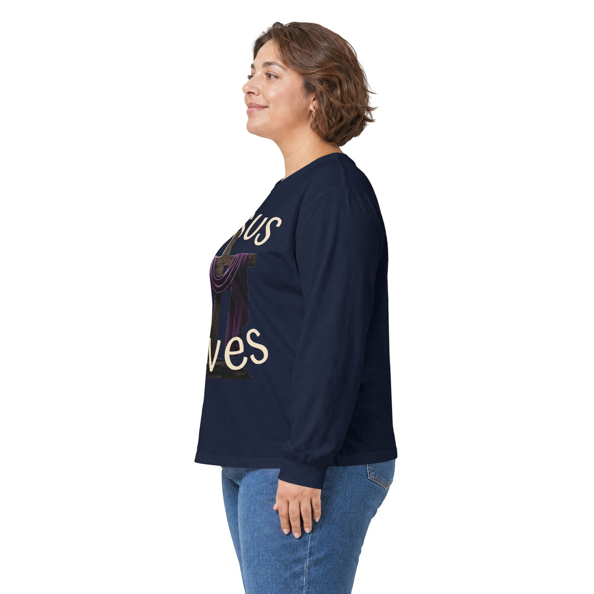 Jesus Saves with Cross image Long Sleeve T-shirt — 1 Cor. 15:3-4 Scripture
