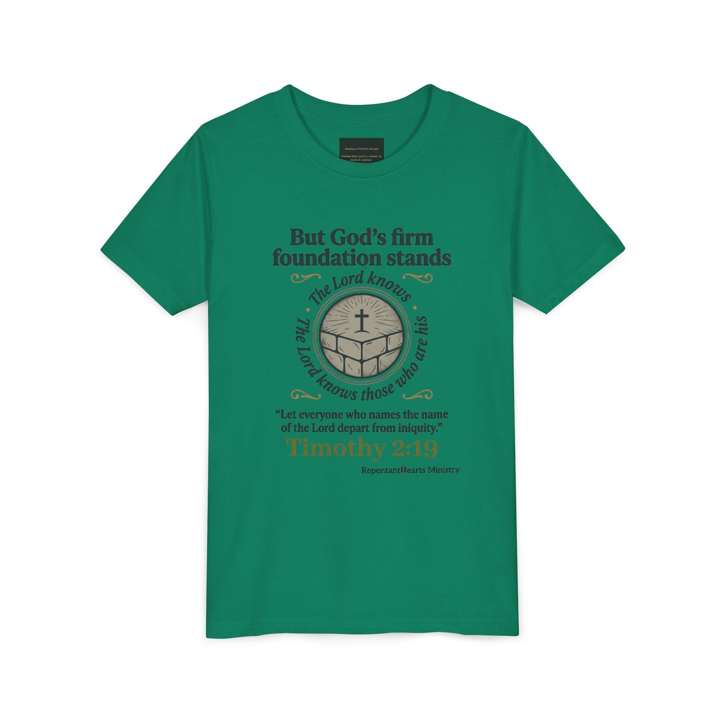 Youth Christian Tee Timothy 2:19 — "But God's Firm Foundation Stands" Scripture Shirt