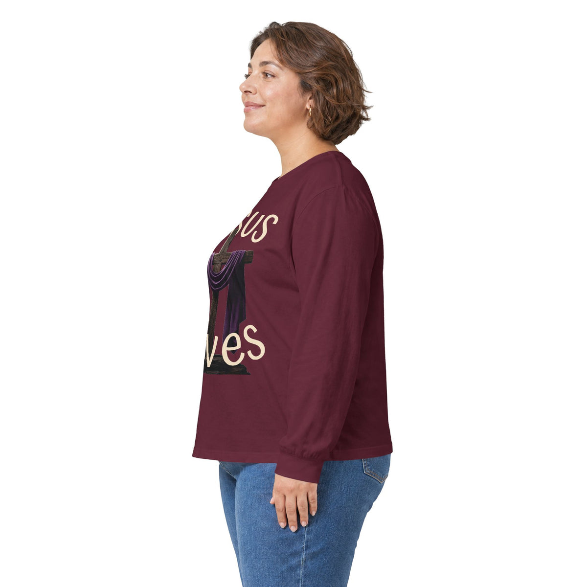 Jesus Saves with Cross image Long Sleeve T-shirt — 1 Cor. 15:3-4 Scripture