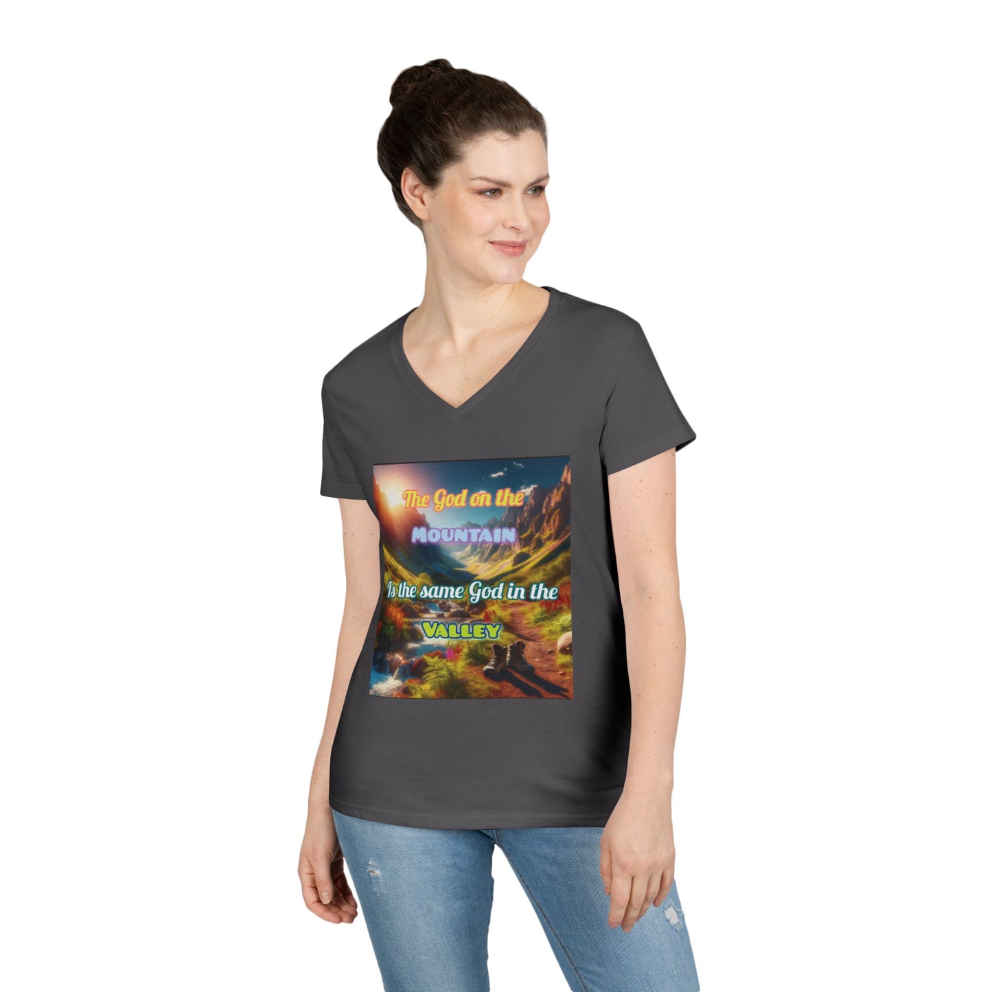 Biblical Ladies' V-Neck T-Shirt - God on the Mountain, Valley Design
