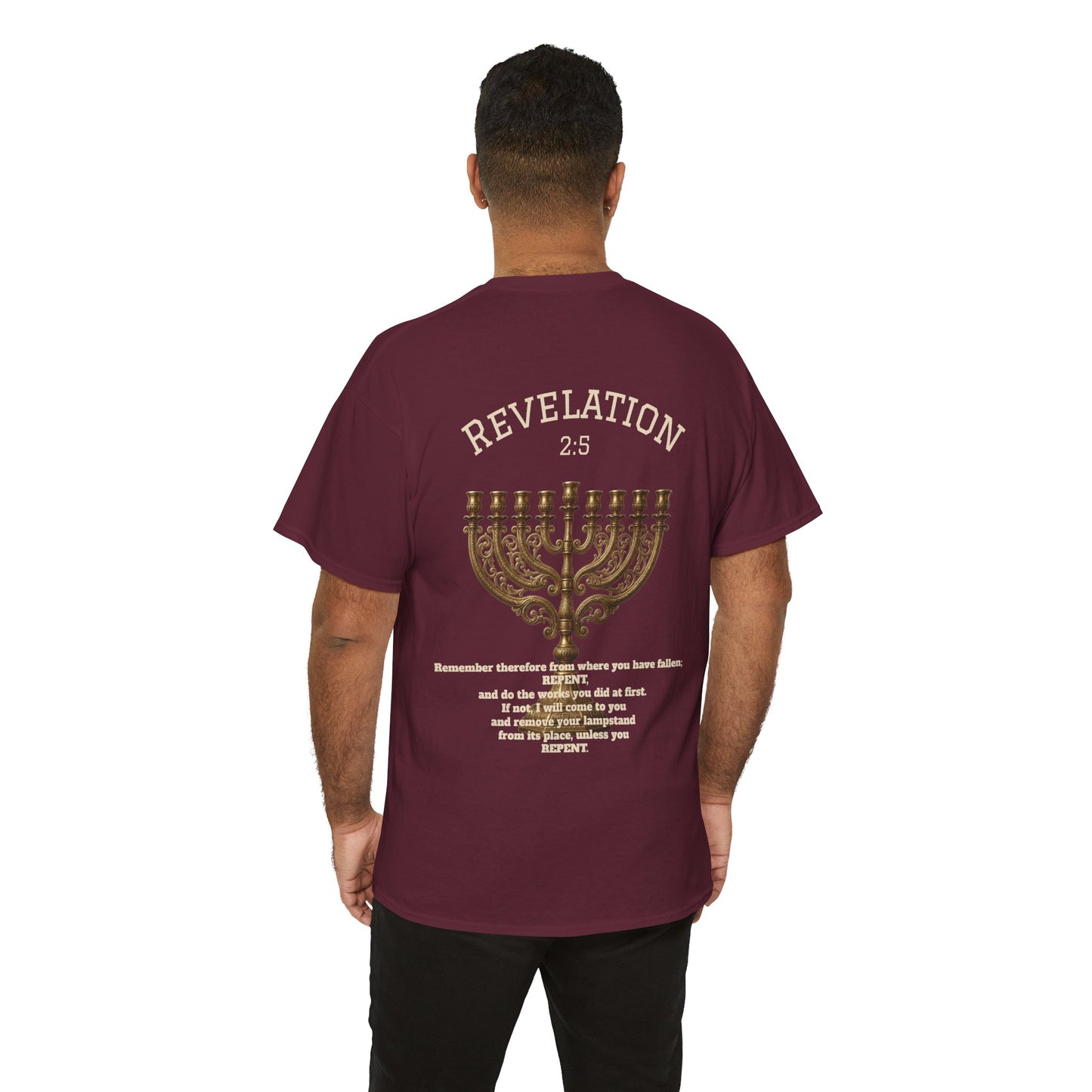 Rev 2:5 T-Shirt- Repentant Hearts Ministry Tee — RHM Logo & Menorah Back Print