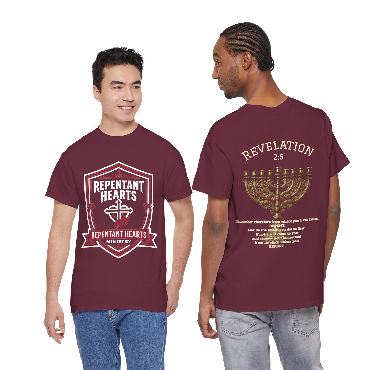 Rev 2:5 T-Shirt- Repentant Hearts Ministry Tee — RHM Logo & Menorah Back Print
