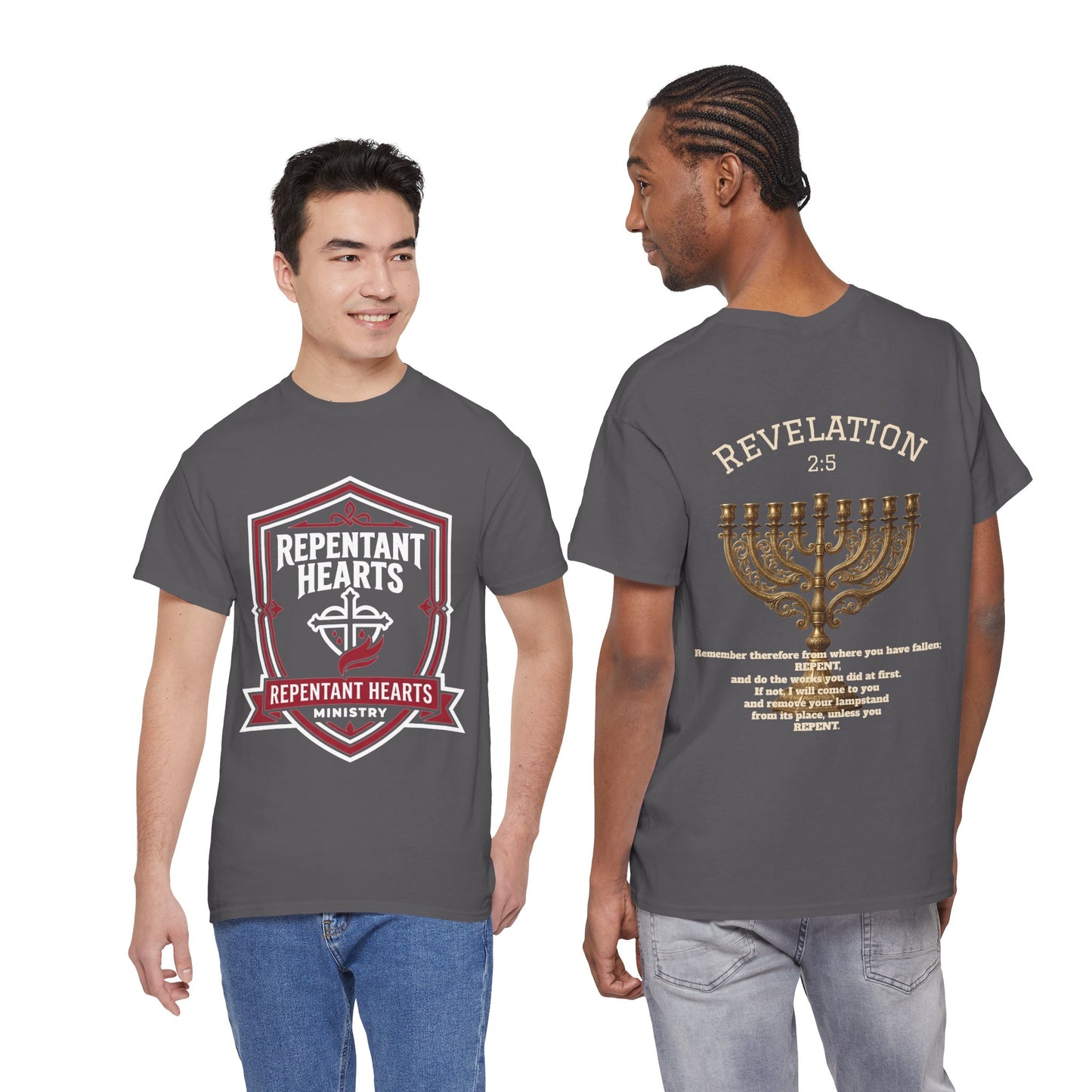 Rev 2:5 T-Shirt- Repentant Hearts Ministry Tee — RHM Logo & Menorah Back Print
