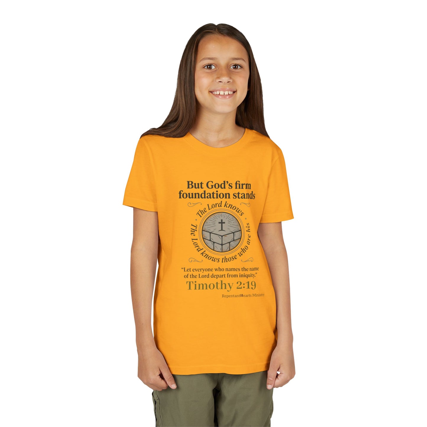 Youth Christian Tee Timothy 2:19 — "But God's Firm Foundation Stands" Scripture Shirt