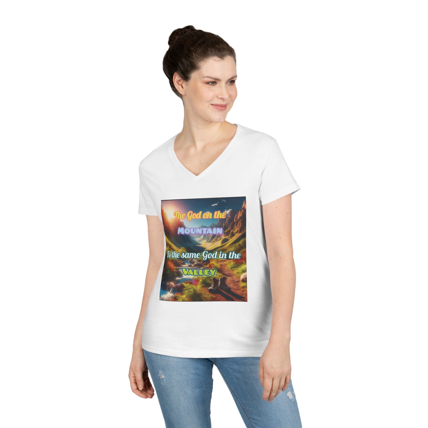 Biblical Ladies' V-Neck T-Shirt - God on the Mountain, Valley Design