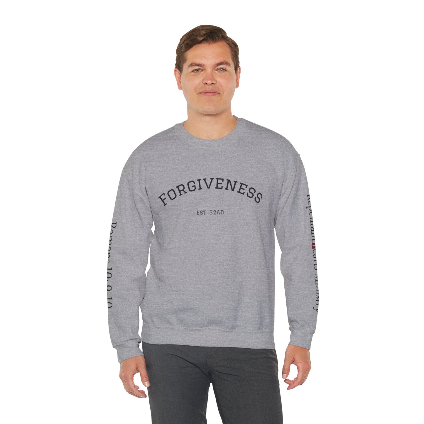 Forgiveness Crewneck Sweatshirt (Romans 10:9) — Christian Faith Verse Pullover