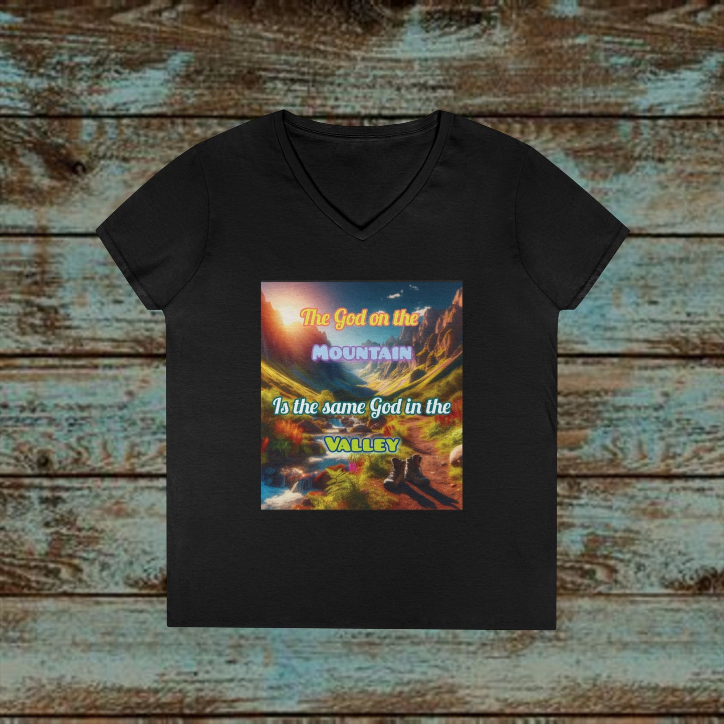 Biblical Ladies' V-Neck T-Shirt - God on the Mountain, Valley Design