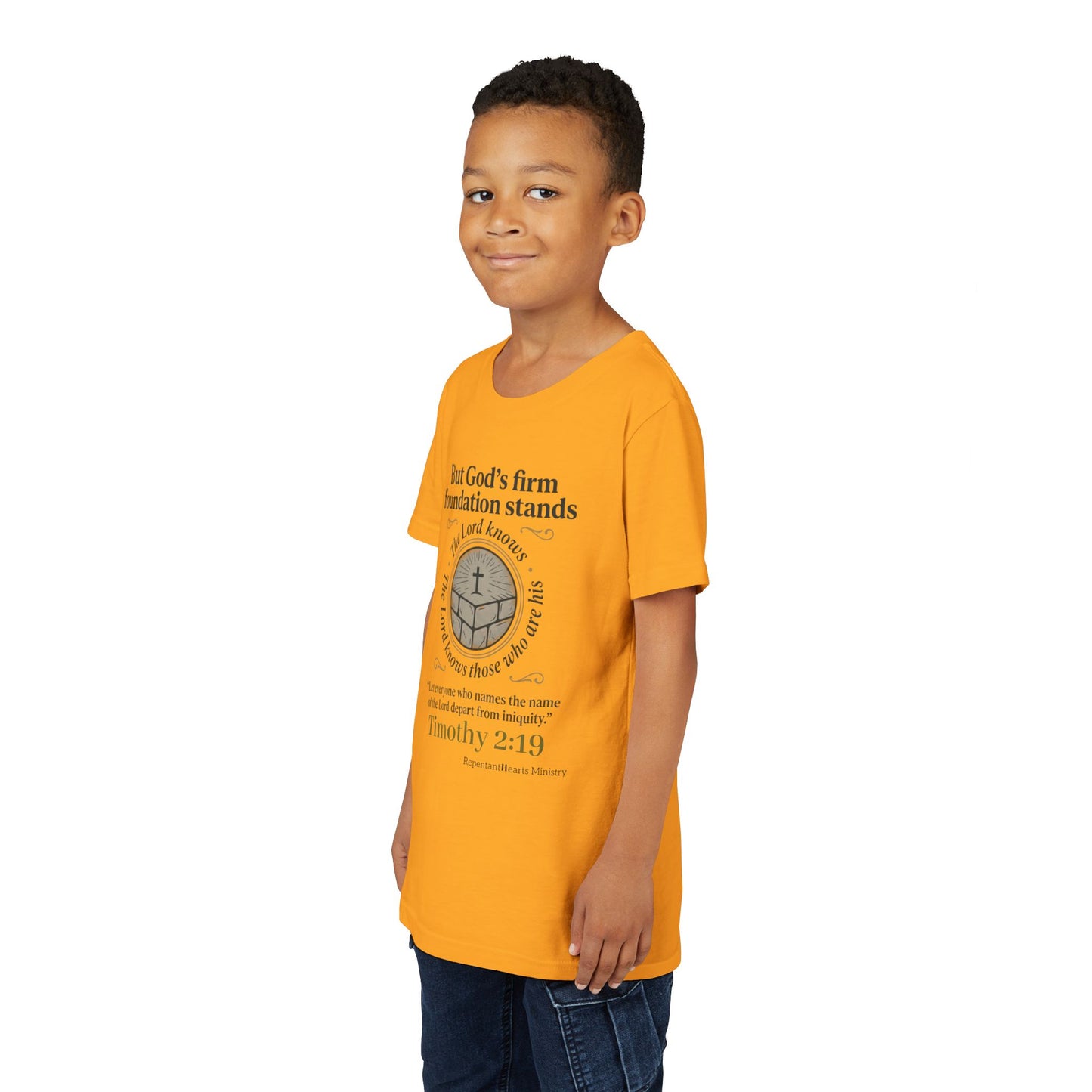 Youth Christian Tee Timothy 2:19 — "But God's Firm Foundation Stands" Scripture Shirt