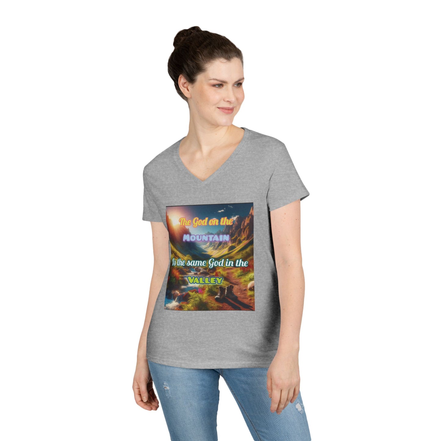 Biblical Ladies' V-Neck T-Shirt - God on the Mountain, Valley Design