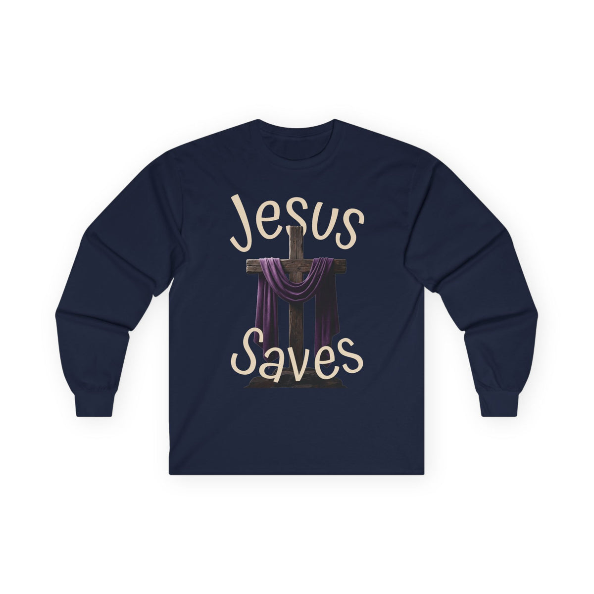 Jesus Saves with Cross image Long Sleeve T-shirt — 1 Cor. 15:3-4 Scripture
