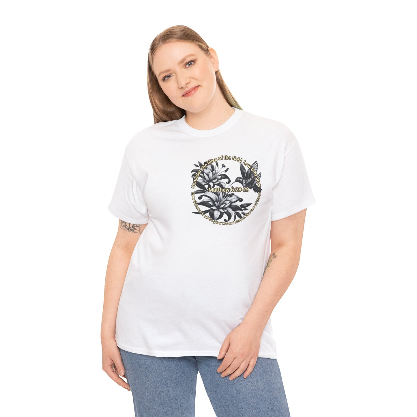 Biblical Woman's Heavy Cotton Tee - 'Lilies, Matthew 6:28-29' Graphic Tee - Comfortable Casual Wear