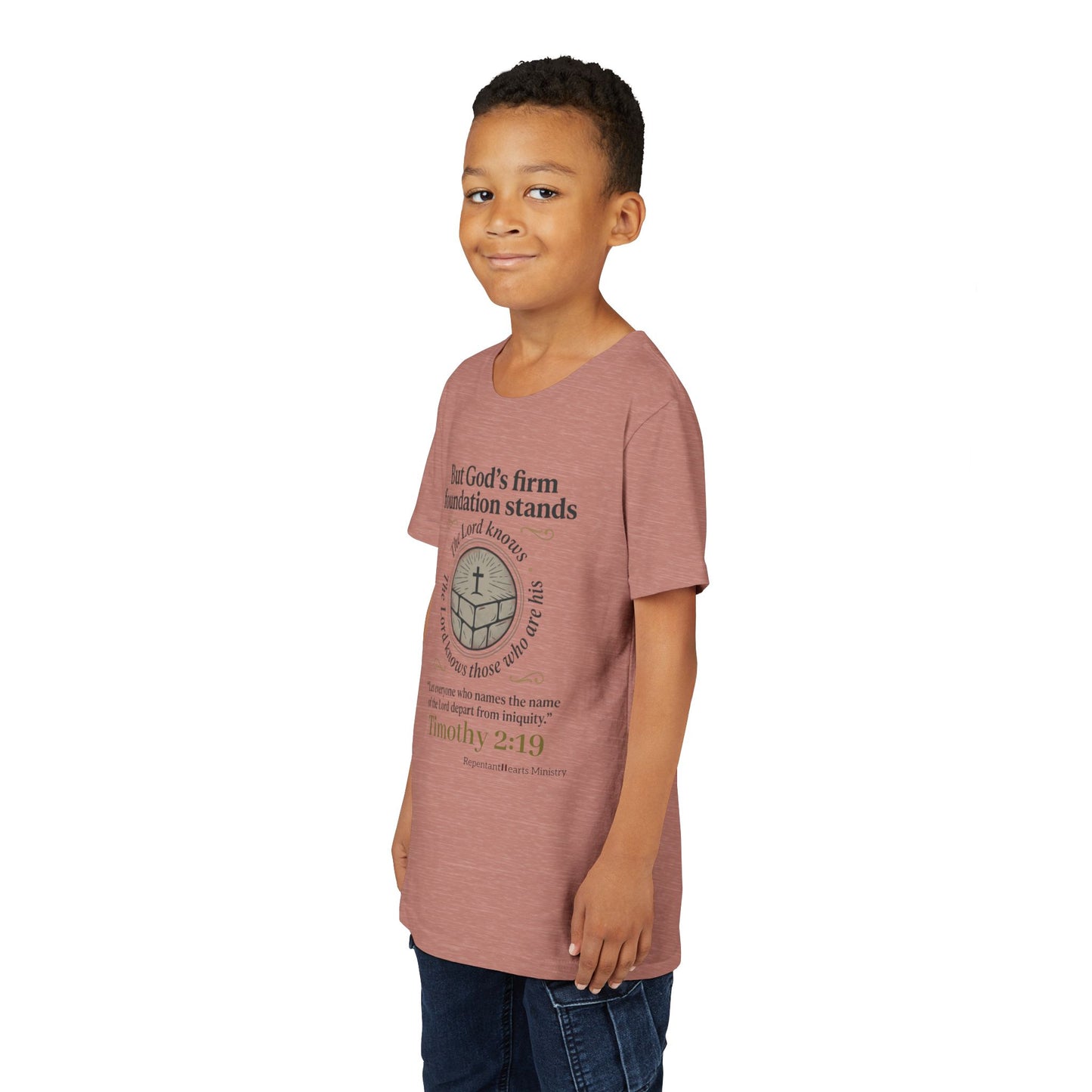 Youth Christian Tee Timothy 2:19 — "But God's Firm Foundation Stands" Scripture Shirt