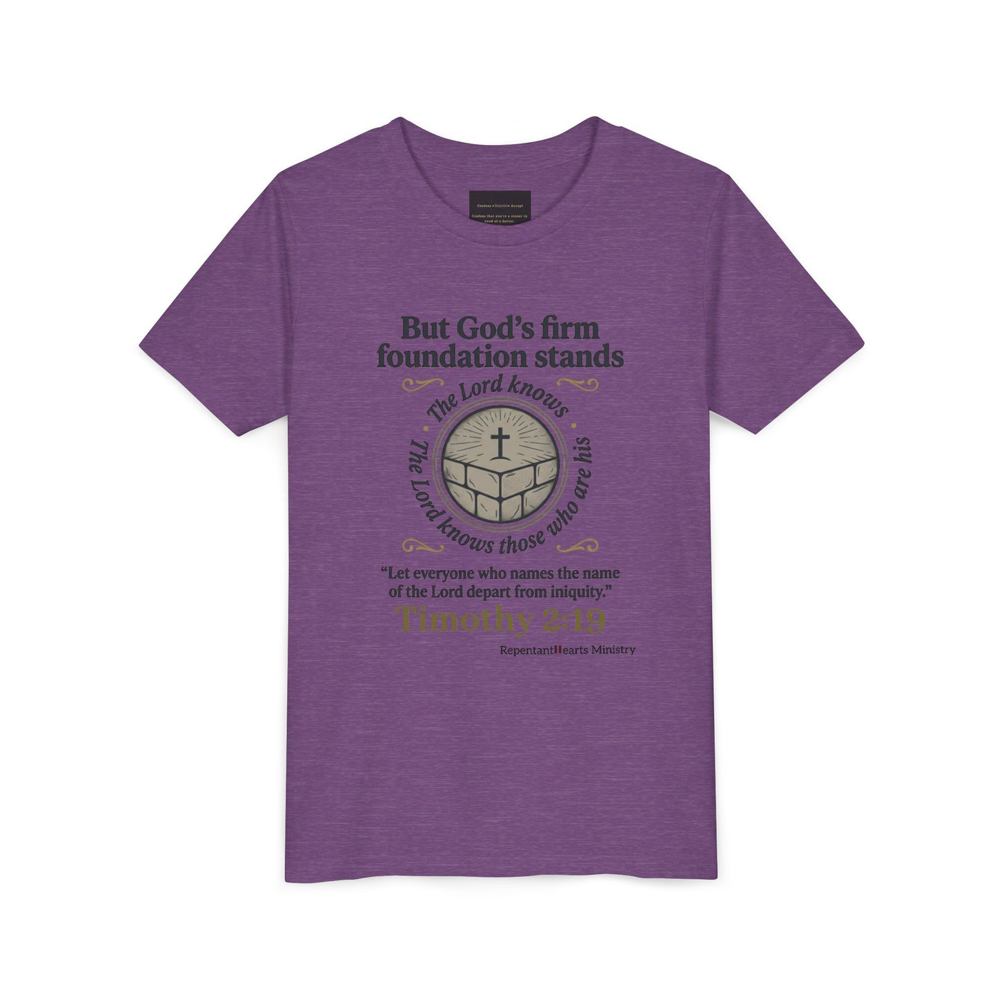 Youth Christian Tee Timothy 2:19 — "But God's Firm Foundation Stands" Scripture Shirt
