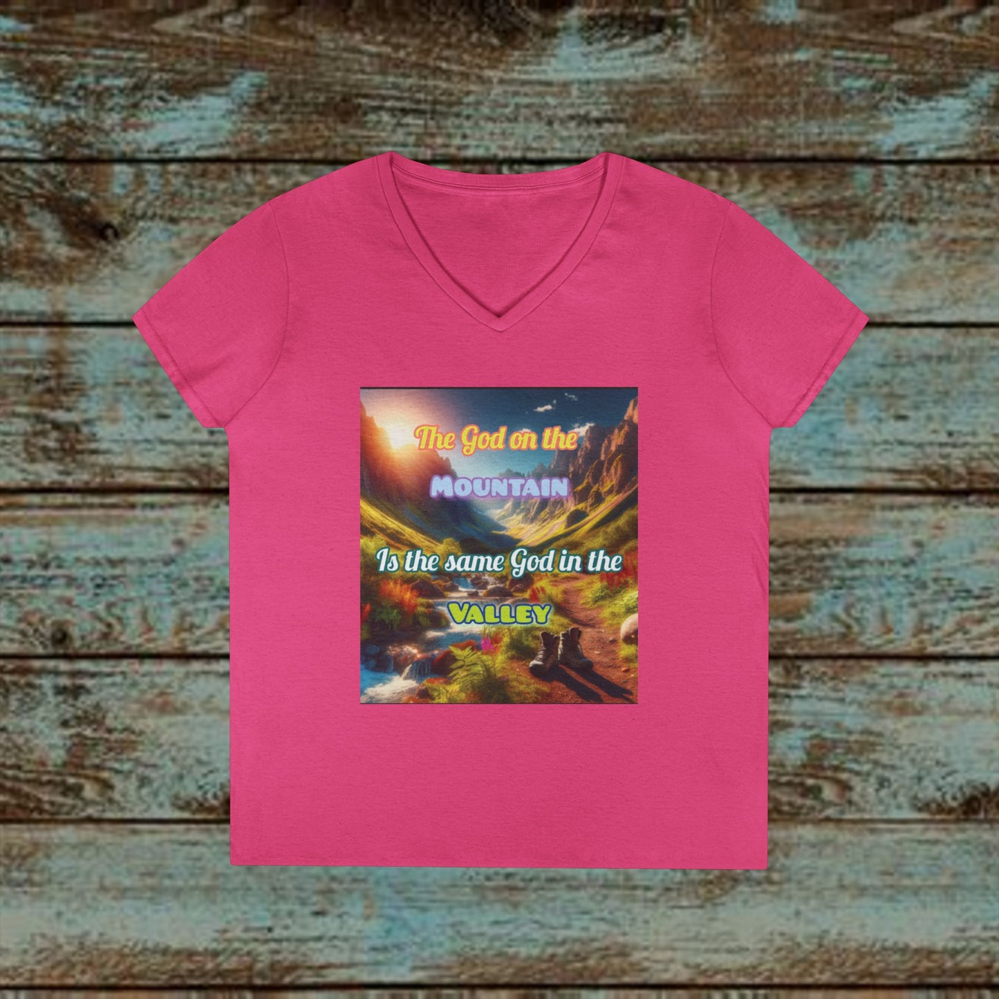 Biblical Ladies' V-Neck T-Shirt - God on the Mountain, Valley Design