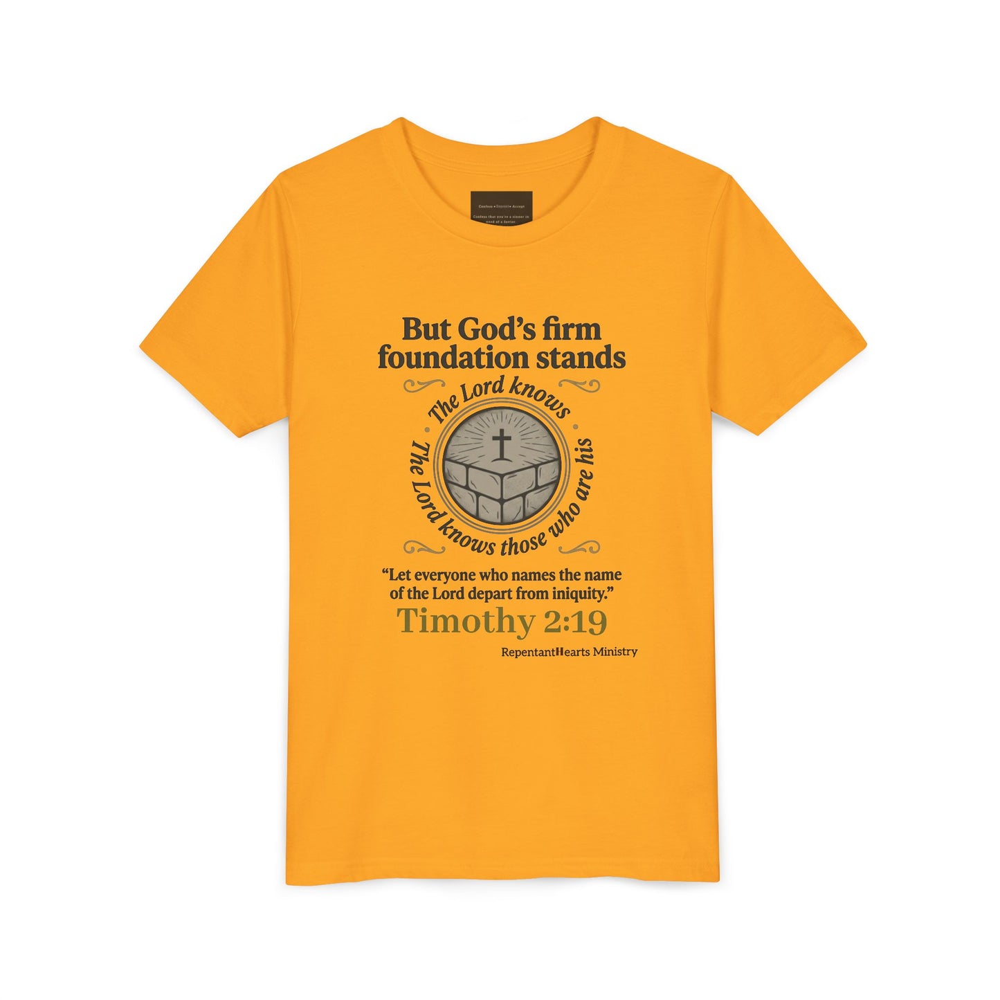 Youth Christian Tee Timothy 2:19 — "But God's Firm Foundation Stands" Scripture Shirt