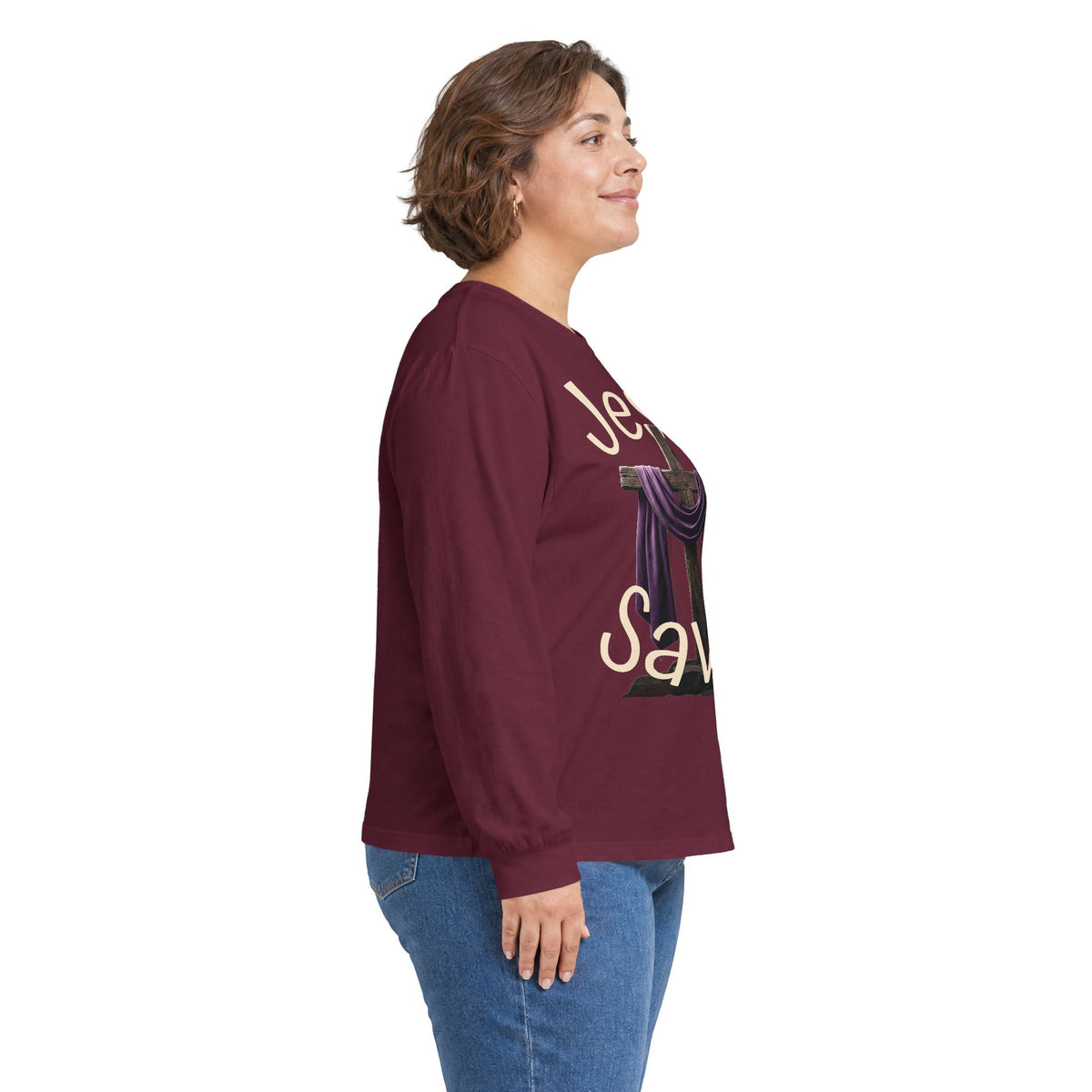 Jesus Saves with Cross image Long Sleeve T-shirt — 1 Cor. 15:3-4 Scripture