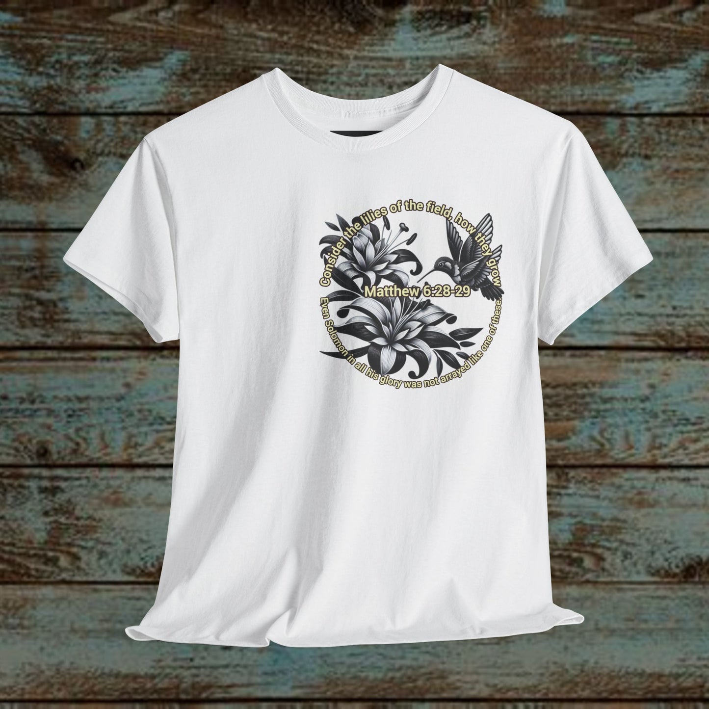 Biblical Woman's Heavy Cotton Tee - 'Lilies, Matthew 6:28-29' Graphic Tee - Comfortable Casual Wear