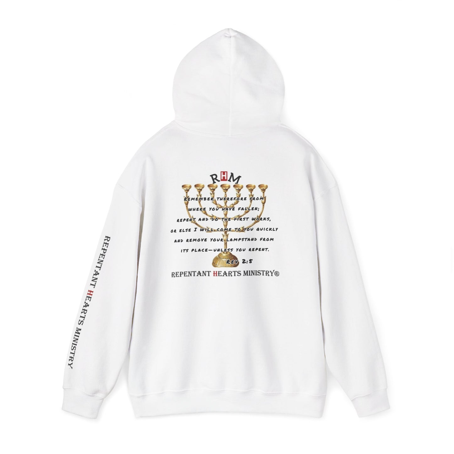 Rev 2:5- Hoodie-Repentant Hearts Ministry Hoodie — RHM Logo & Menorah Script Pullover