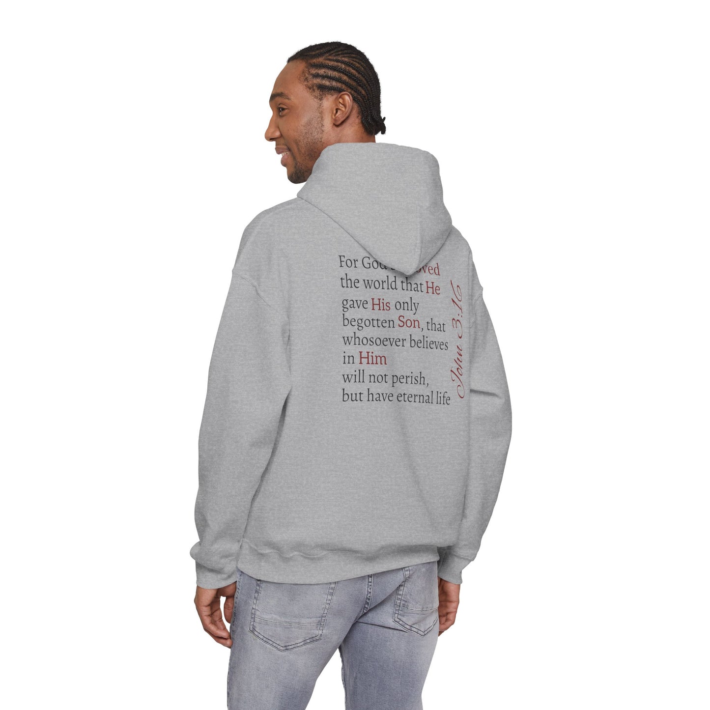 Redemption John 3:16 Hoodie — RHM Pullover with Scripture Back Print