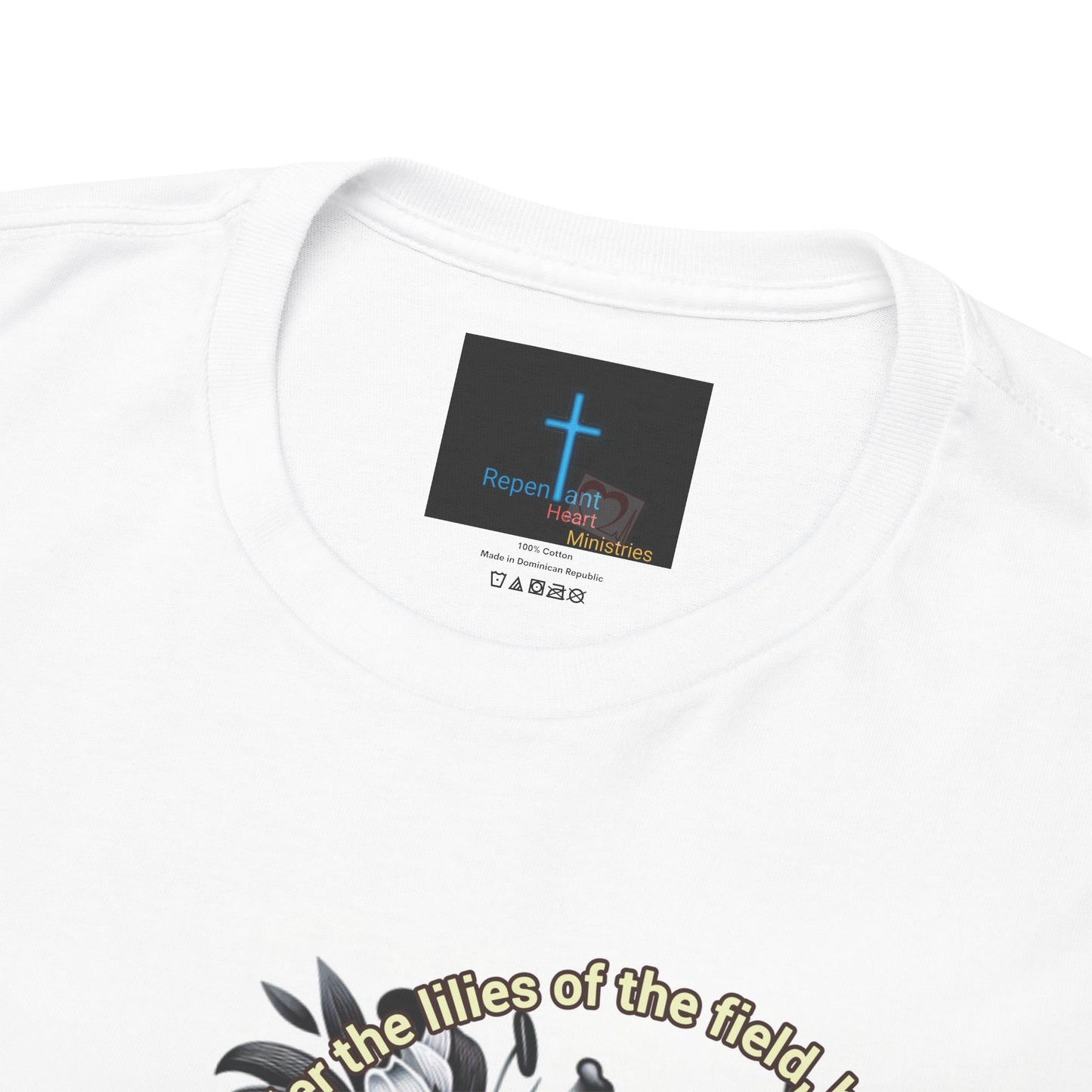 Biblical Woman's Heavy Cotton Tee - 'Lilies, Matthew 6:28-29' Graphic Tee - Comfortable Casual Wear