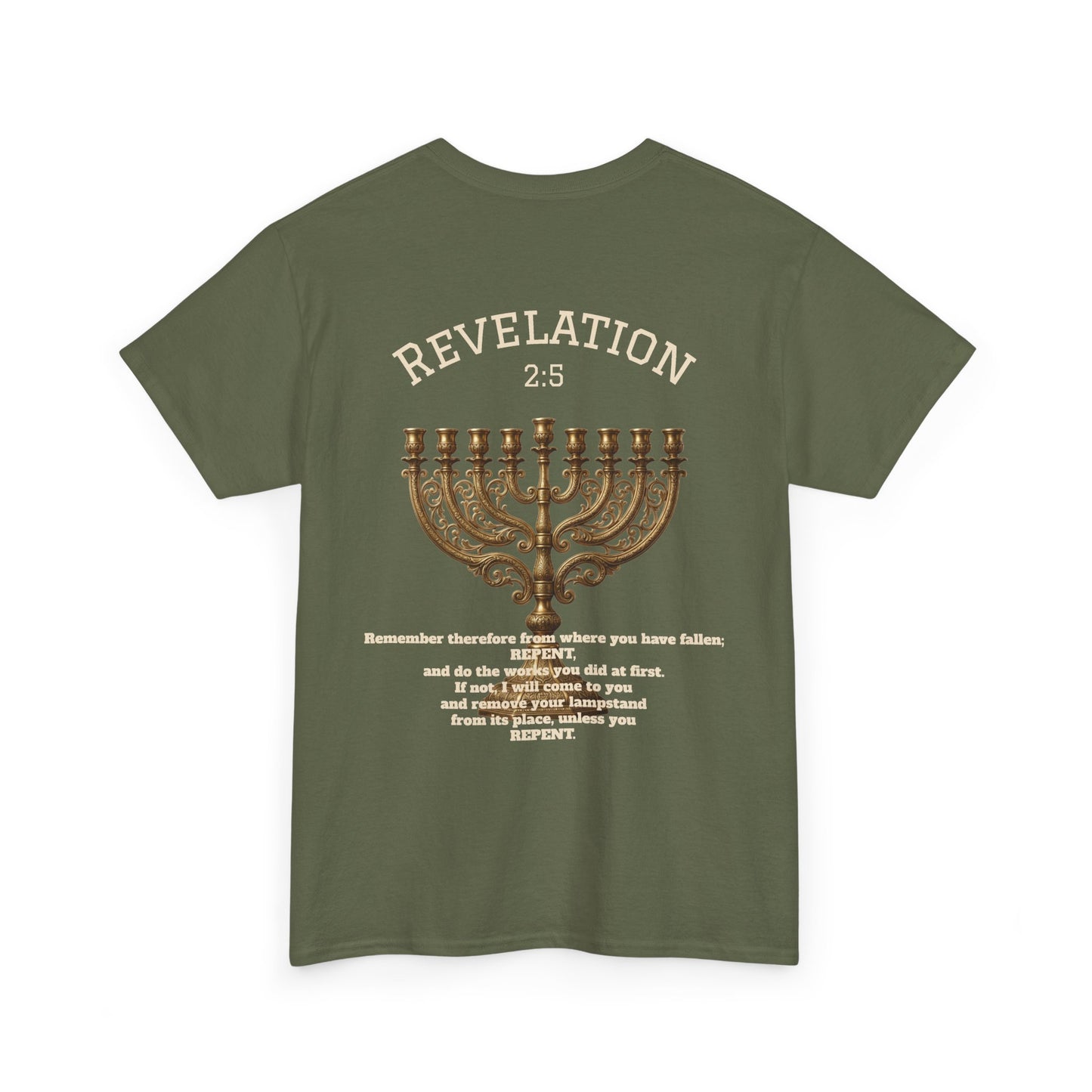 Rev 2:5 T-Shirt- Repentant Hearts Ministry Tee — RHM Logo & Menorah Back Print