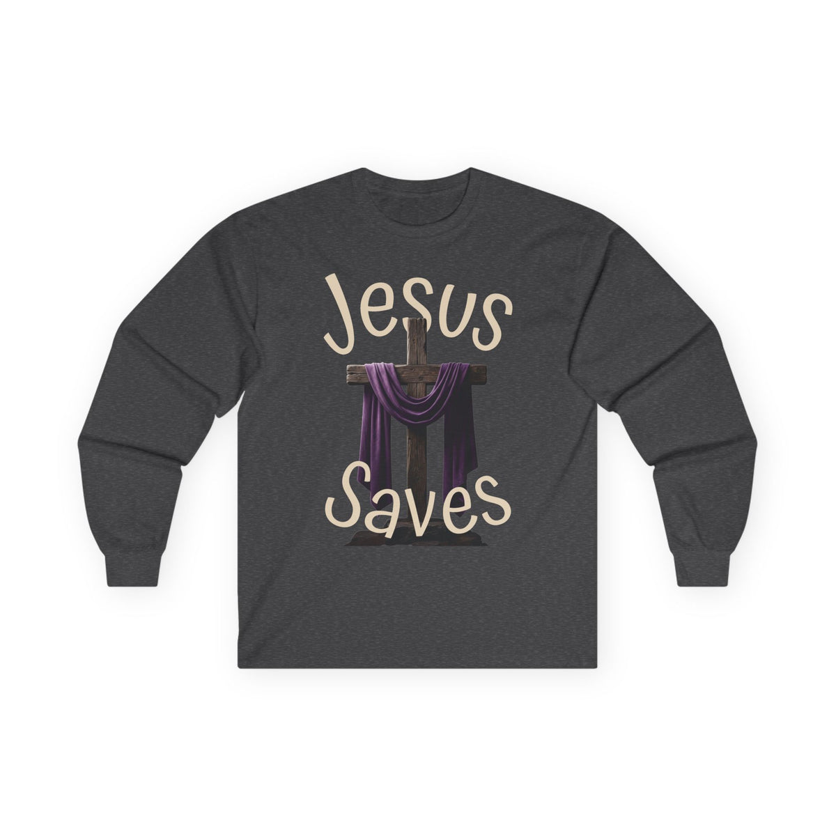 Jesus Saves with Cross image Long Sleeve T-shirt — 1 Cor. 15:3-4 Scripture