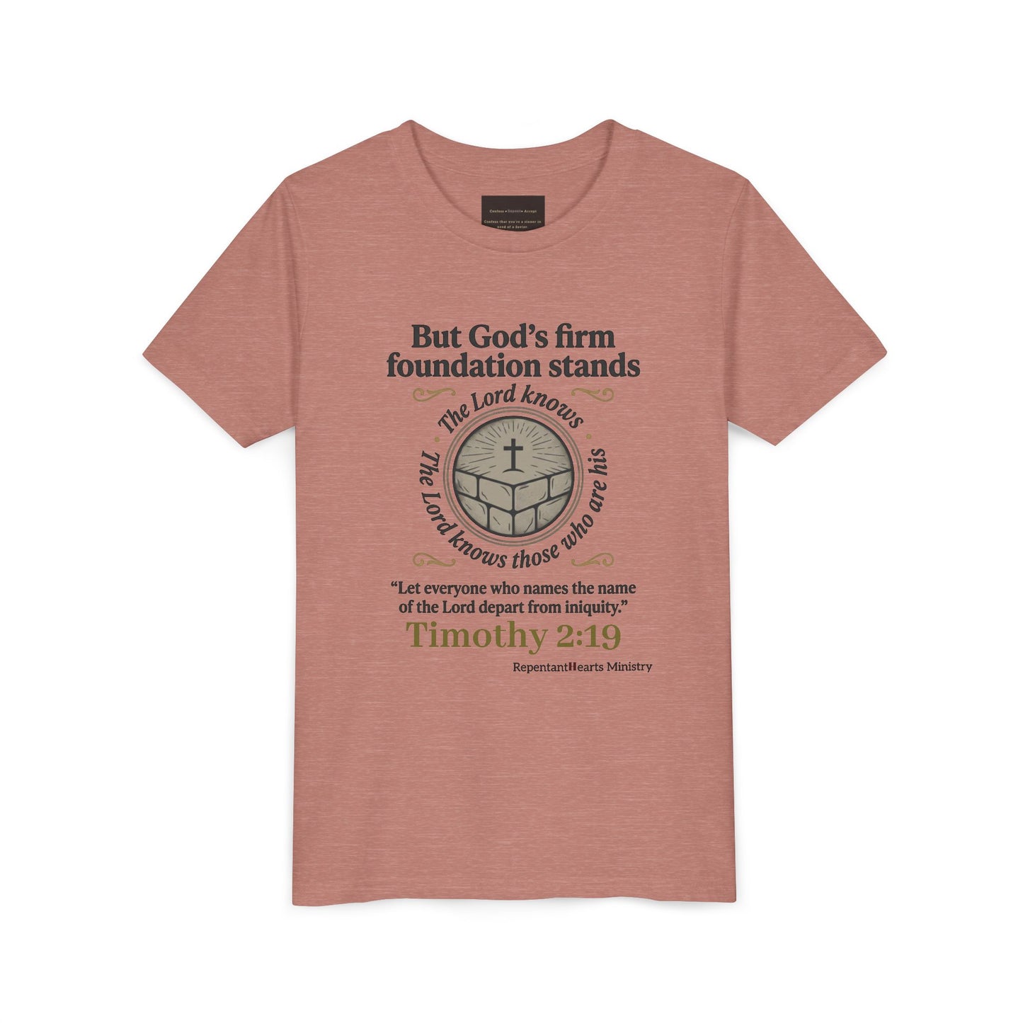 Youth Christian Tee Timothy 2:19 — "But God's Firm Foundation Stands" Scripture Shirt