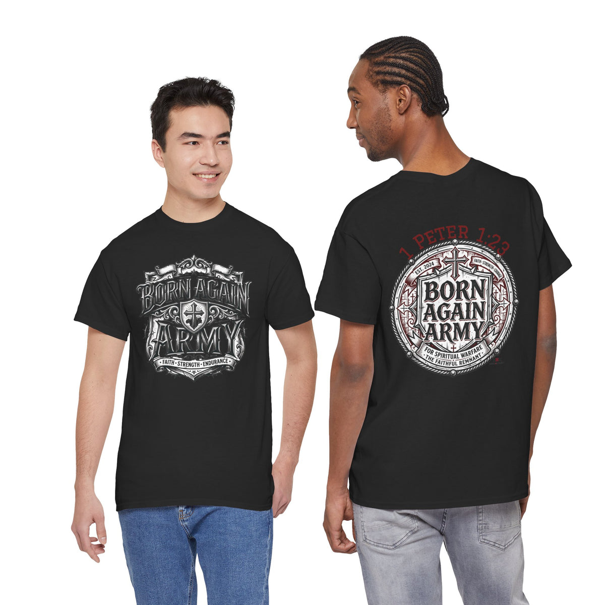 Born Again Army T-Shirt — Christian Faith Graphic Tee (1 Peter 1:23)